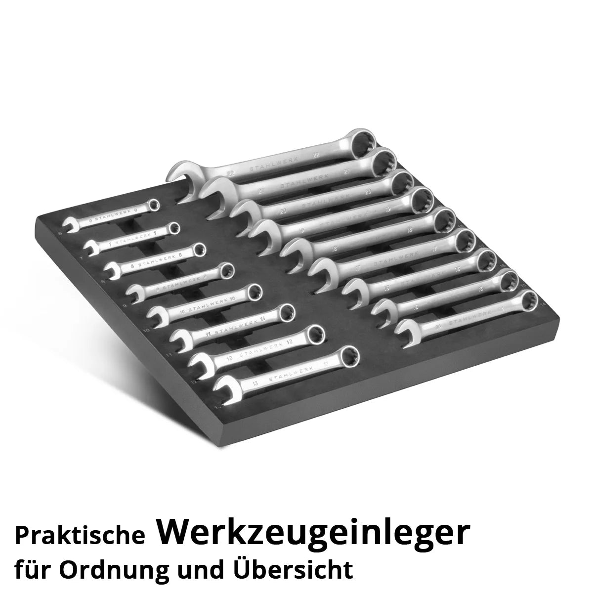 STAHLWERK 17-teiliges Schraubenschlüssel-Set mit Schaumstoffeinlage | Für Werkstattwagen | Ring- und Gabelschlüssel-Satz | Alle gängigen Größen | Praktische Werkzeugwageneinlage