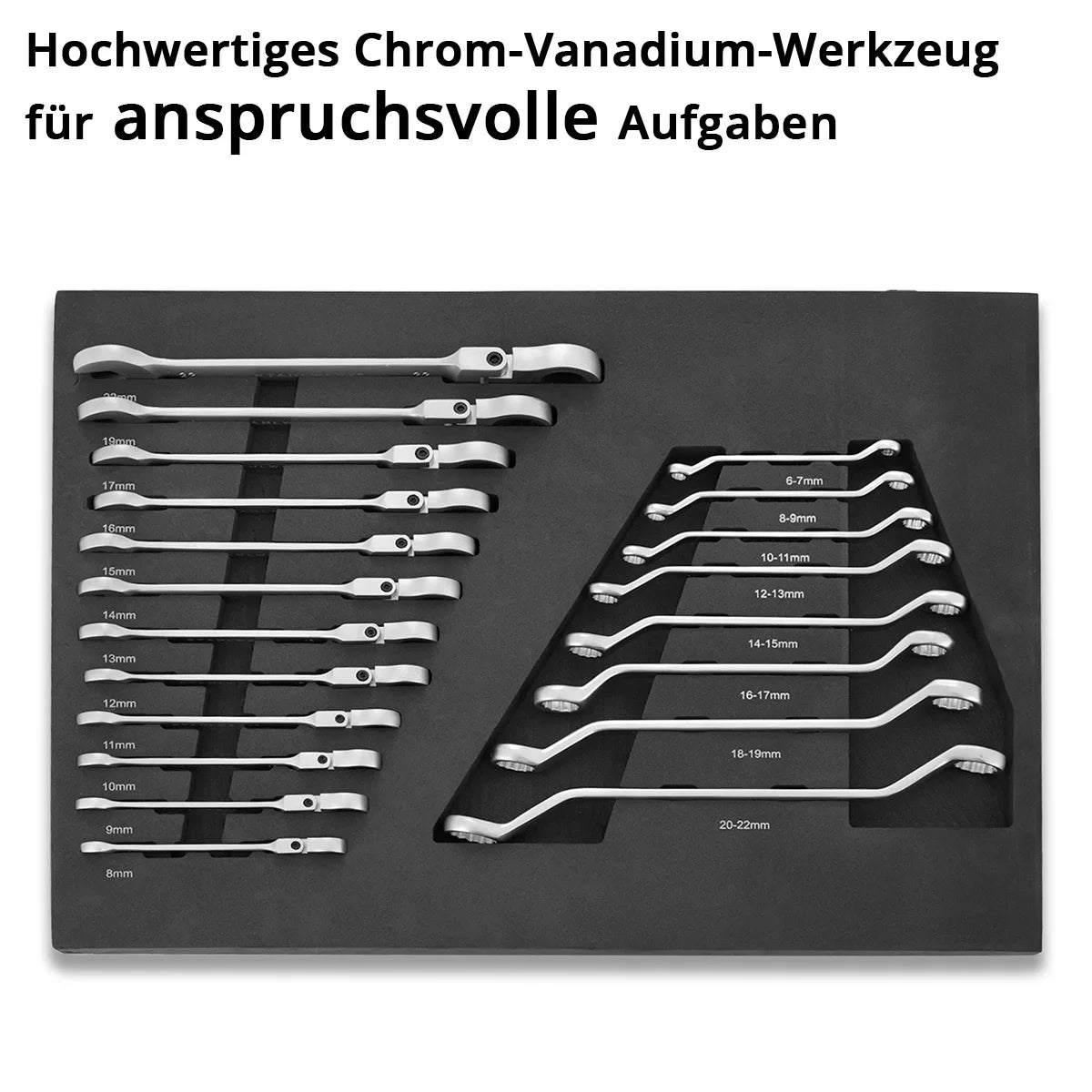 STAHLWERK 20-teiliges Schraubenschlüssel-Set mit Schaumstoffeinlage |Für Werkstattwagen |Drehmomentschlüssel und Ringschlüssel-Satz | Inklusive neigbare Maulschlüssel | Weichschaumeinlage