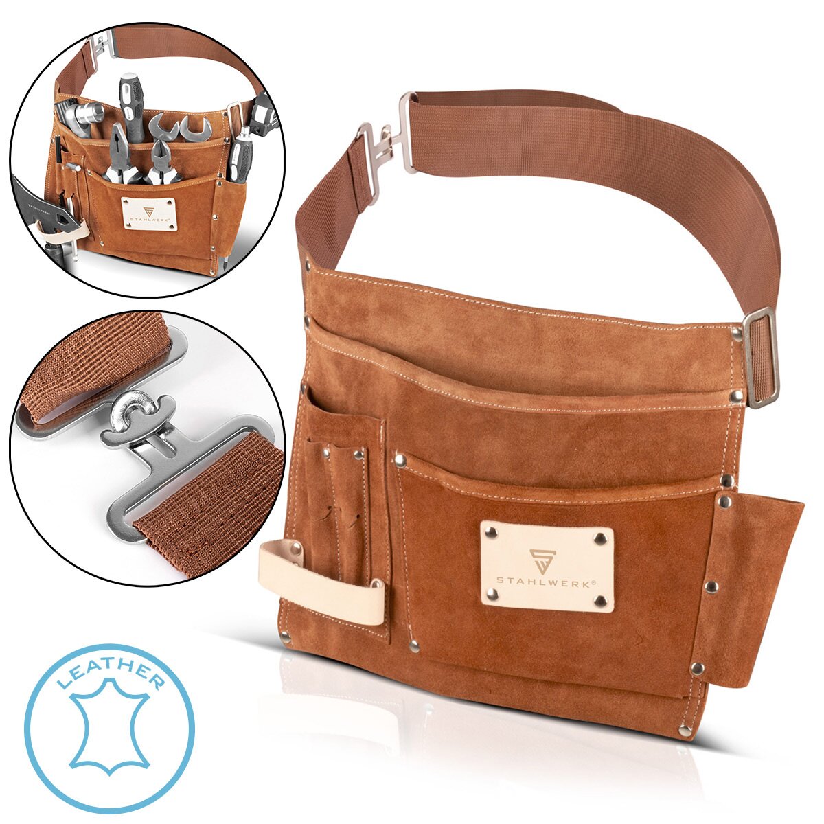 STAHLWERK tool belt made of genuine suede with 3 pockets, 3 pockets and 1 hammer holder | robust belt bag with durable workmanship | Tool bag with adjustable quick-release belt