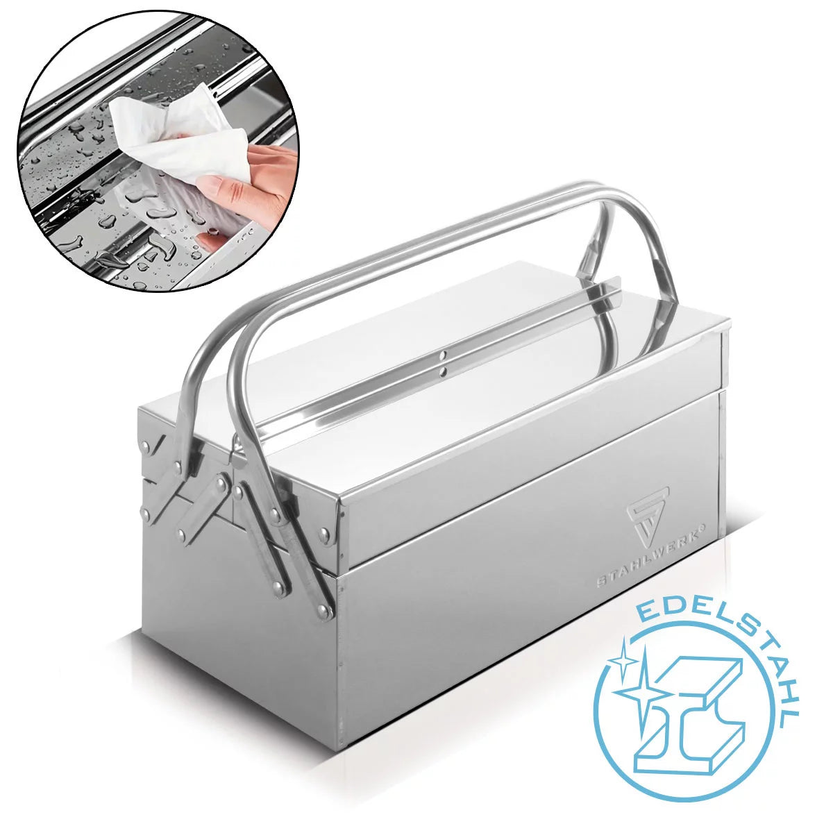 STAHLWERK tool box made of stainless steel | Metal tool box, extendable to the side | high-quality tool box empty with 3 compartments | Space-saving tool organizer without tools