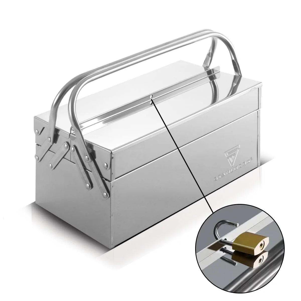STAHLWERK tool box made of stainless steel | Metal tool box, extendable to the side | high-quality tool box empty with 3 compartments | Space-saving tool organizer without tools