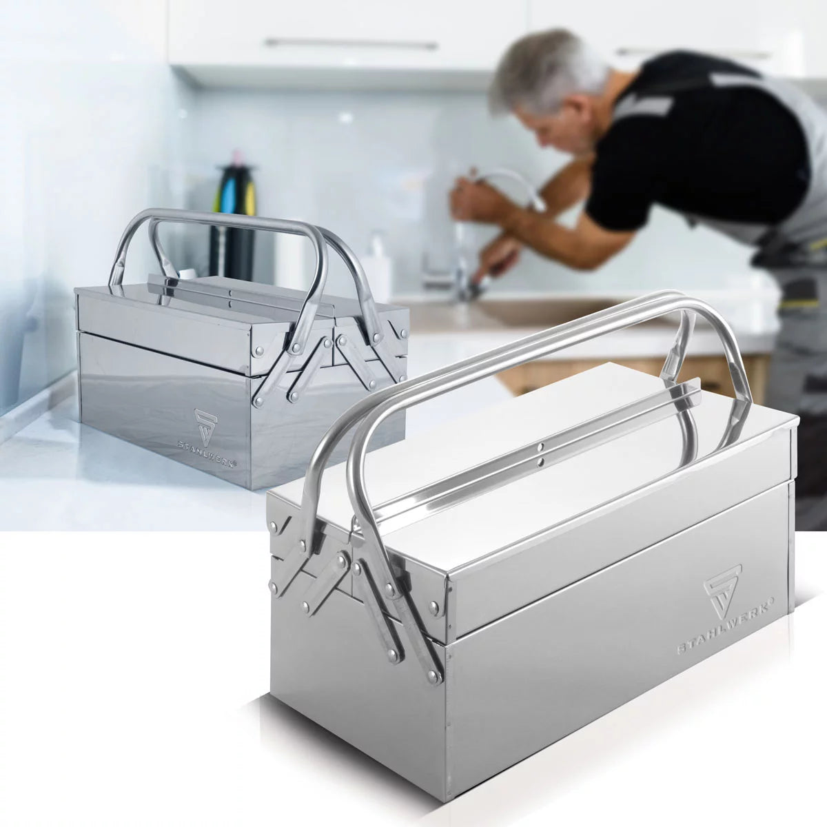 STAHLWERK tool box made of stainless steel | Metal tool box, extendable to the side | high-quality tool box empty with 3 compartments | Space-saving tool organizer without tools