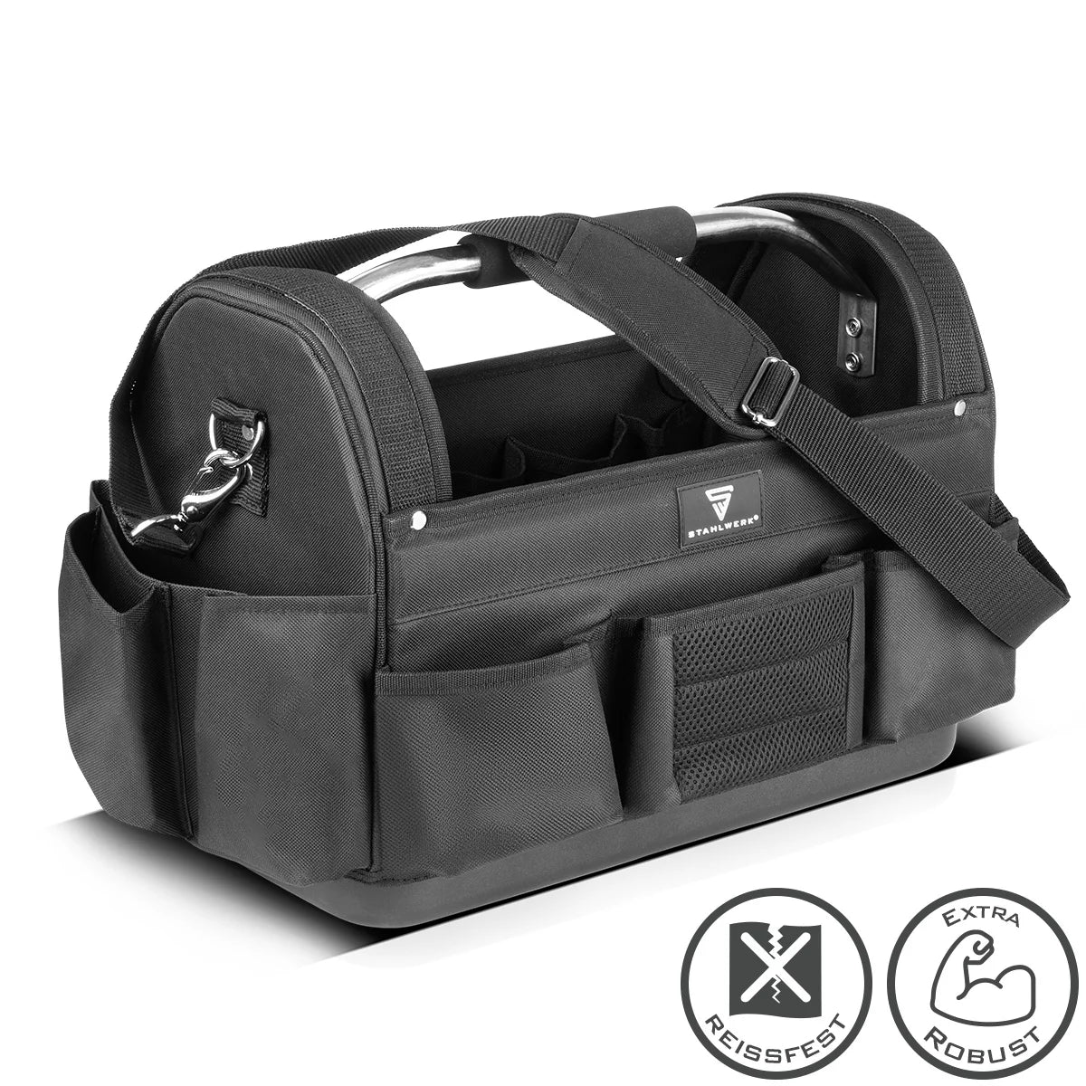 STAHLWERK tool bag | 11 outside and 10 inside pockets | Robust installer bag | Portable tool box | Assembly bag with carrying handle and shoulder strap | Durable polyester fabric