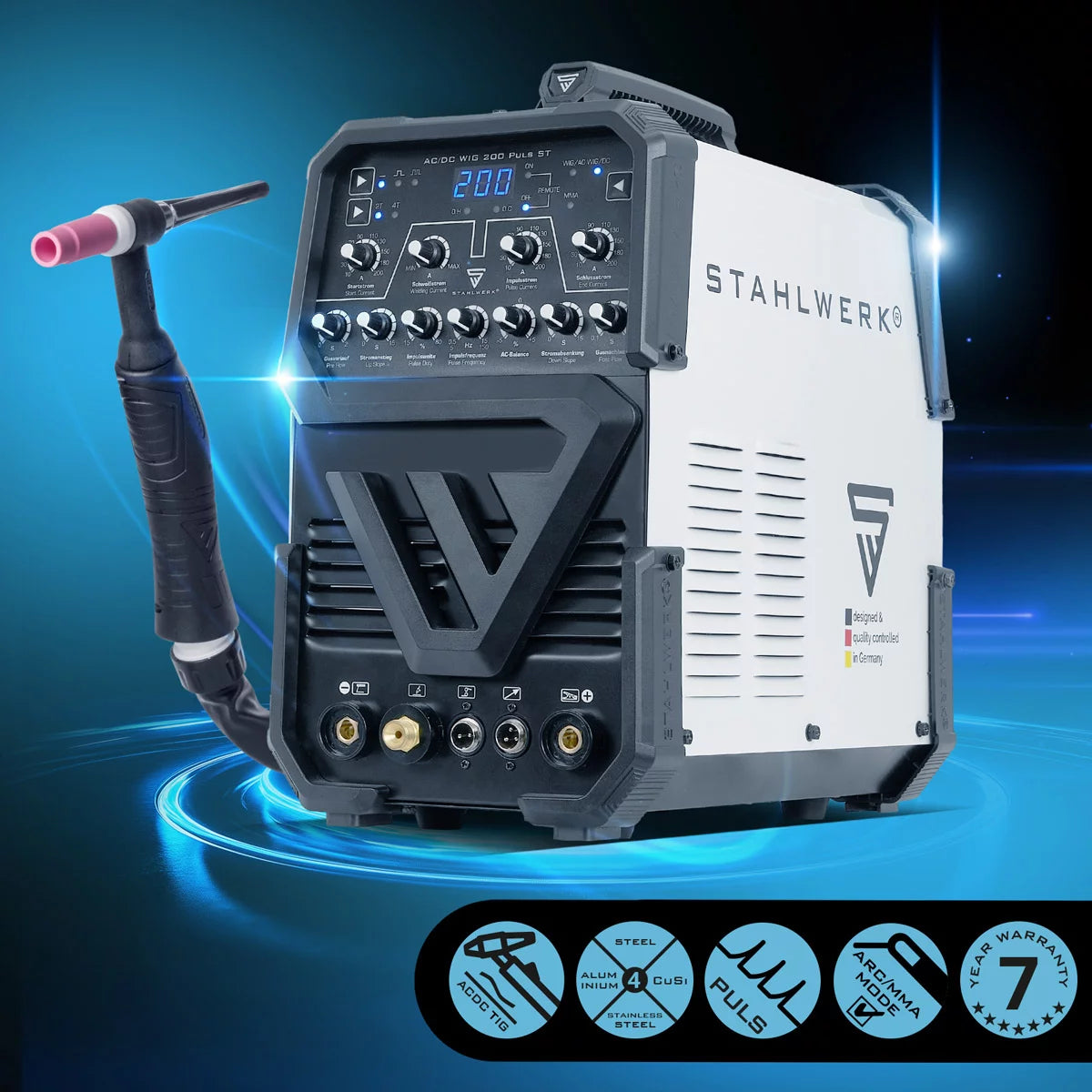 STAHLWERK AC/DC TIG 200 Puls ST completamente equipaggiato | Saldatore TIG da 200 Amp | Convertitore combinato AC/DC TIG e MMA/E-hand | Modalità 2T/4T | Adatto per fogli sottili | Modalità AC per alluminio