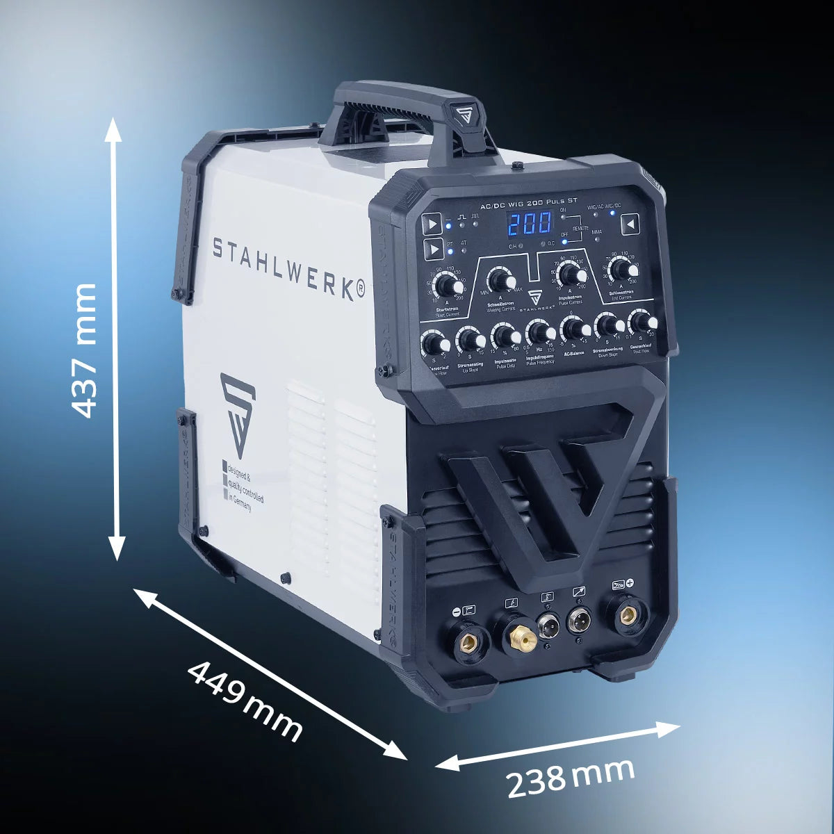 STAHLWERK AC/DC TIG 200 Puls ST completamente equipaggiato | Saldatore TIG da 200 Amp | Convertitore combinato AC/DC TIG e MMA/E-hand | Modalità 2T/4T | Adatto per fogli sottili | Modalità AC per alluminio