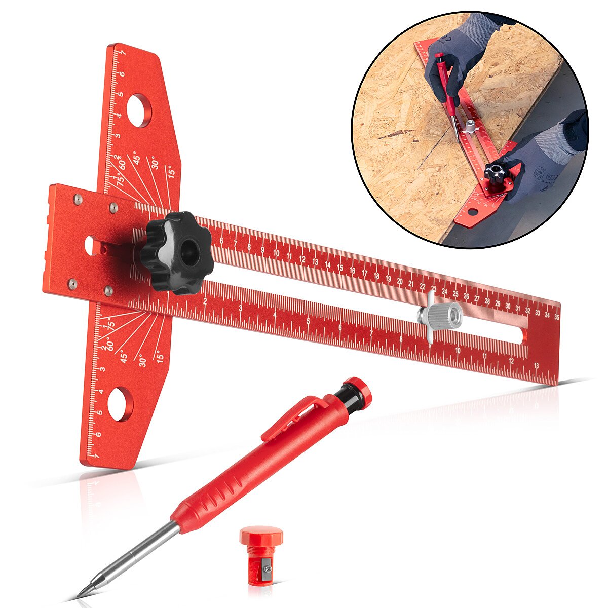 STAHLWERK angle marking ruler made of aluminum with stop and marking pen marking gauge | Marking gauge | Marking ruler | Marking rule for scribing, marking and drawing