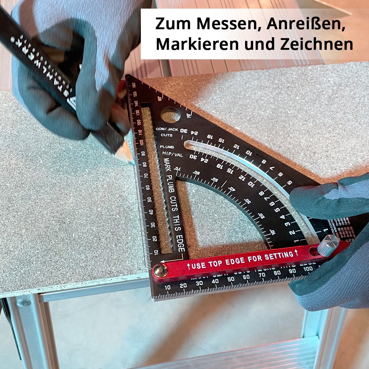 STAHLWERK Winkeldreieck mit Anschlag metrischer Aluminium-Winkelmesser | Anschlagwinkeldreieck | Zimmermannswinkel | Multifunktionswinkel zum präzisen Messen, Anreißen, Markieren und Zeichnen