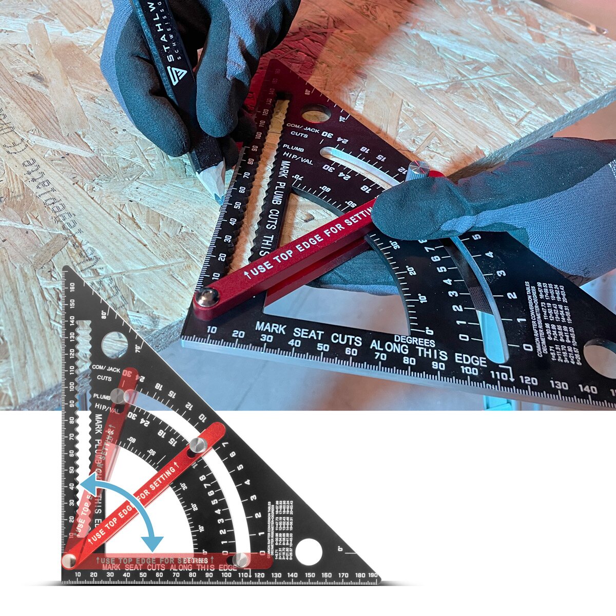 STAHLWERK angle triangle with stop metric aluminum protractor | Try square triangle | carpenter's angle | Multifunctional square for precise measuring, marking, marking and drawing