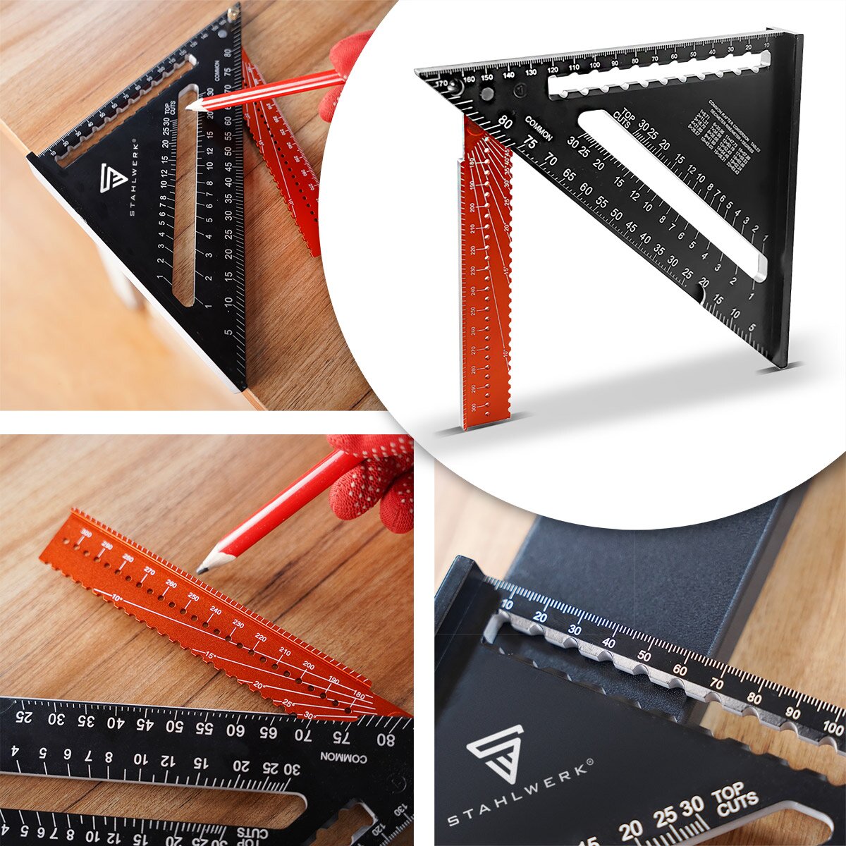 Triangle d'angle STAHLWERK avec butée rapporteur en aluminium | Essayez le triangle carré | angle du charpentier | Équerre multifonctionnelle pour mesurer, marquer, marquer et dessiner avec précision
