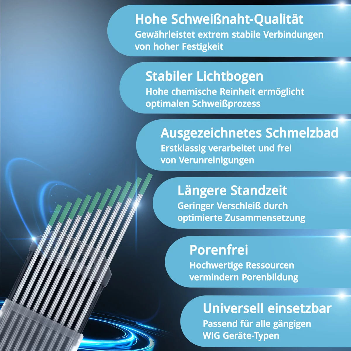 Électrodes de tungstène / électrodes de soudage STAHLWERK WP vertes 2,4 mm x 175 mm dans un jeu pratique de 10