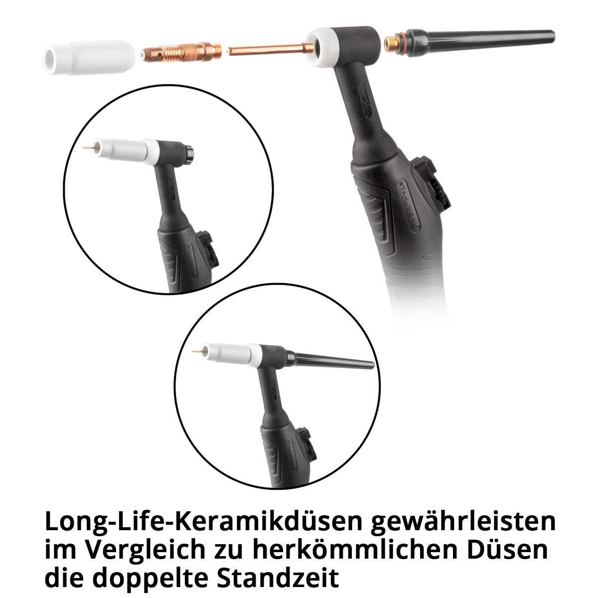 STAHLWERK WP-26 Premium WIG Verschleißteile-Set 36-teiliges Schweißzubehör mit Long-Life-Keramikdüsen, Schweißelektroden WC20 grau und Brennerkappen für WP | SR 17, 18, 26 WIG Schweißbrenner