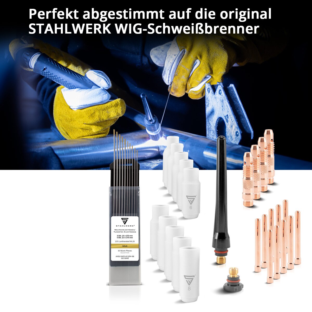 Jeu de pièces d'usure STAHLWERK WP-26 Premium TIG Accessoires de soudage 36 pièces avec buses en céramique longue durée, électrodes de soudage grises WC20 et capuchons de torche pour WP | Torches de soudage SR 17, 18, 26 TIG