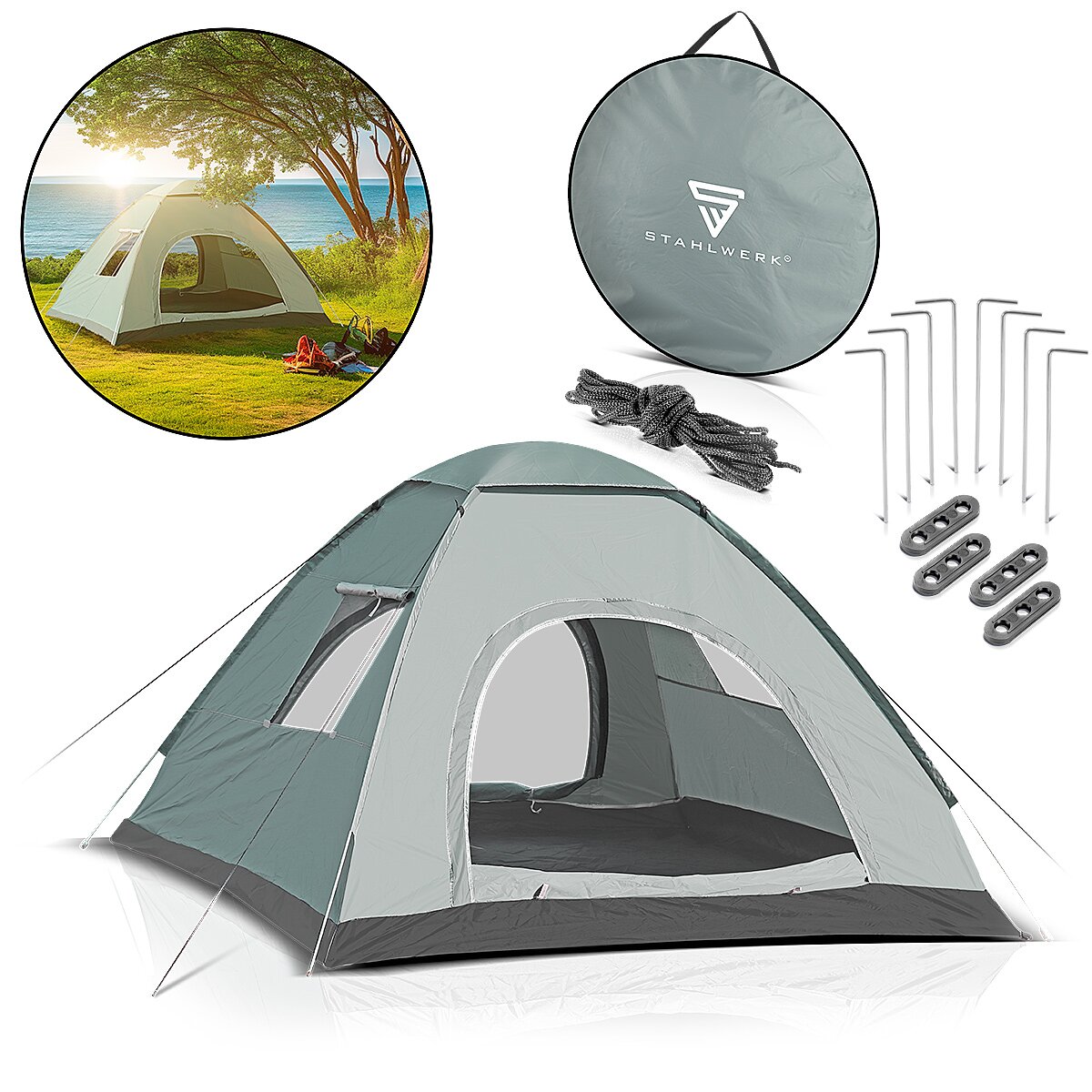 STAHLWERK camping tent Z-200 ST 200 x 200 cm self-assembly pop-up tent | Pop-up tent | Igloo tent | folding tent | Dome tent | Trekking tent | Tent for 2-3 people including transport bag