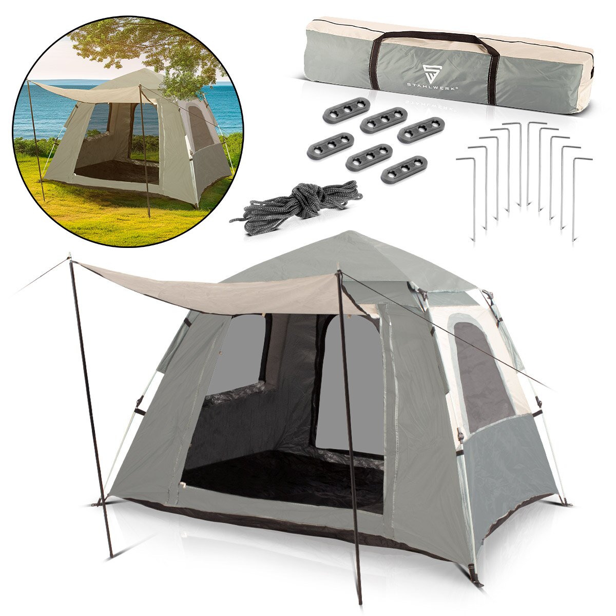 STAHLWERK camping tent Z-210 ST 210 x 160 cm self-assembly pop-up tent | Pop-up tent | Igloo tent | folding tent | Dome tent | Trekking tent | Tent for 1-2 people including transport bag