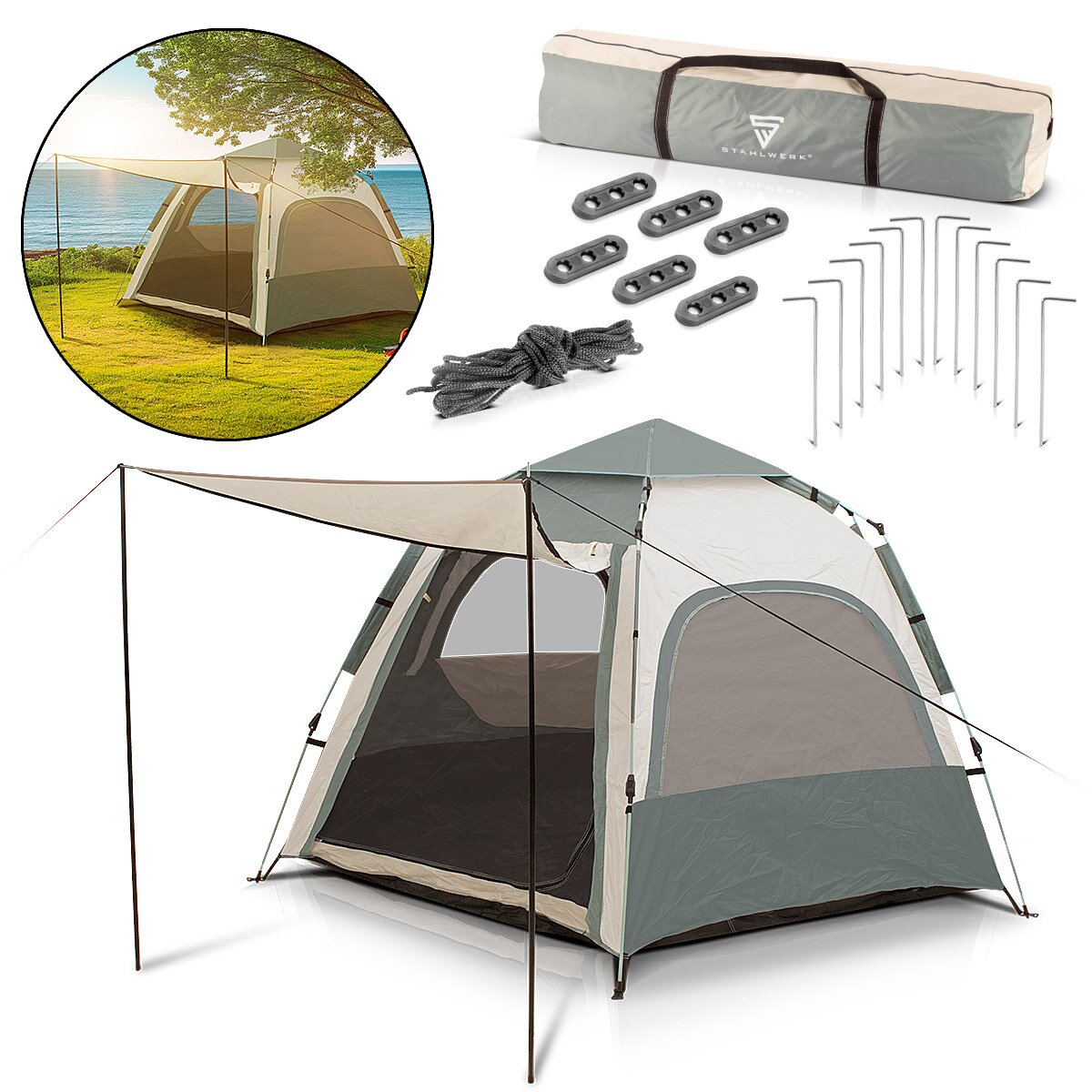 Tente de camping STAHLWERK Z-273 ST Tente pop-up à monter soi-même 273 x 273 cm | Tente pop-up | Tente igloo | tente pliante | Tente dôme | Tente de randonnée | Tente pour 3-4 personnes avec sac de transport