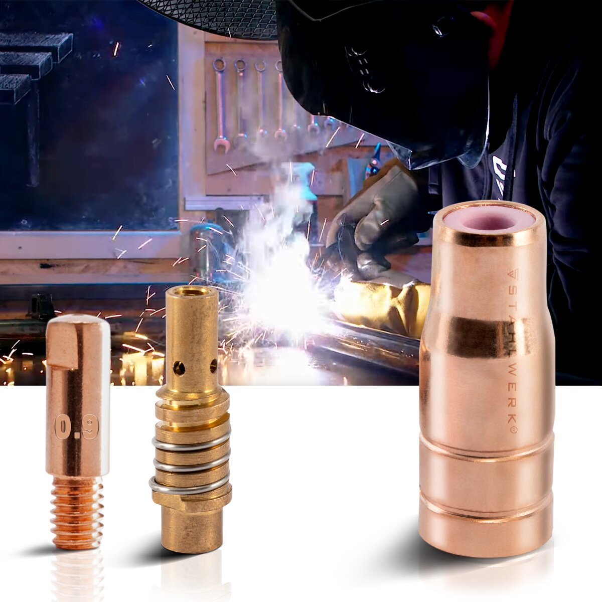 STAHLWERK FLUX AK15/MB15 AK14/MB14 Verschleißteile Set | 23-teiliges Original Schweißzubehör Set mit Fülldrahtdüsen | Düsenträger und Stromdüsen 0,9 mm
