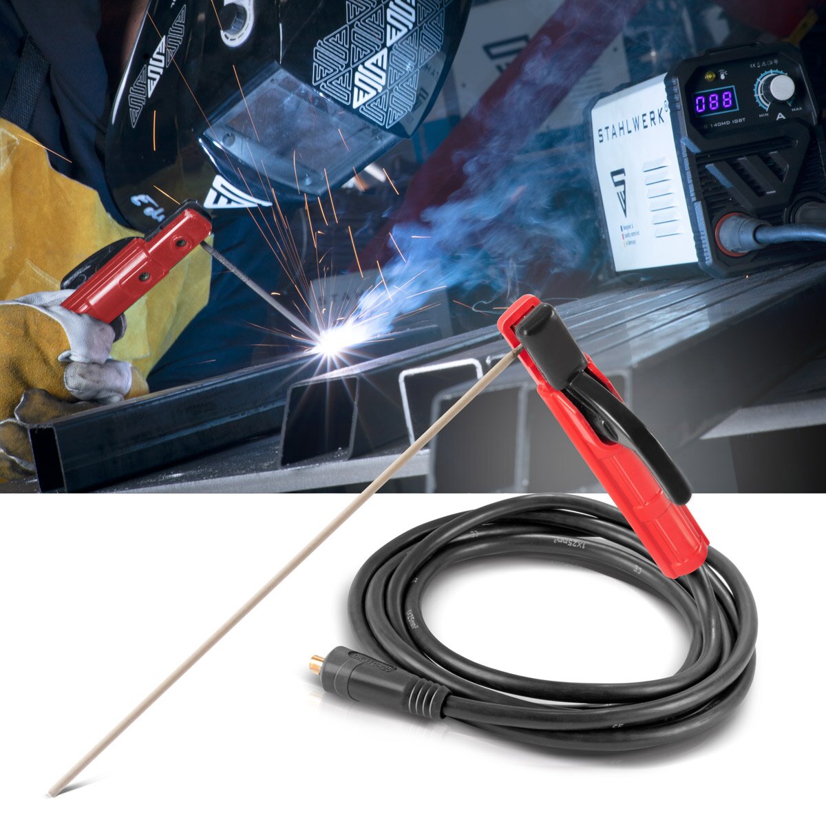 STEEL PLANT MMA | ARC electrode holder up to 200 A welding gun | Electrode forceps | Electrode clamp for welding machines including 8 m welding cable made of pure copper with 25 mm² and 9 mm plug