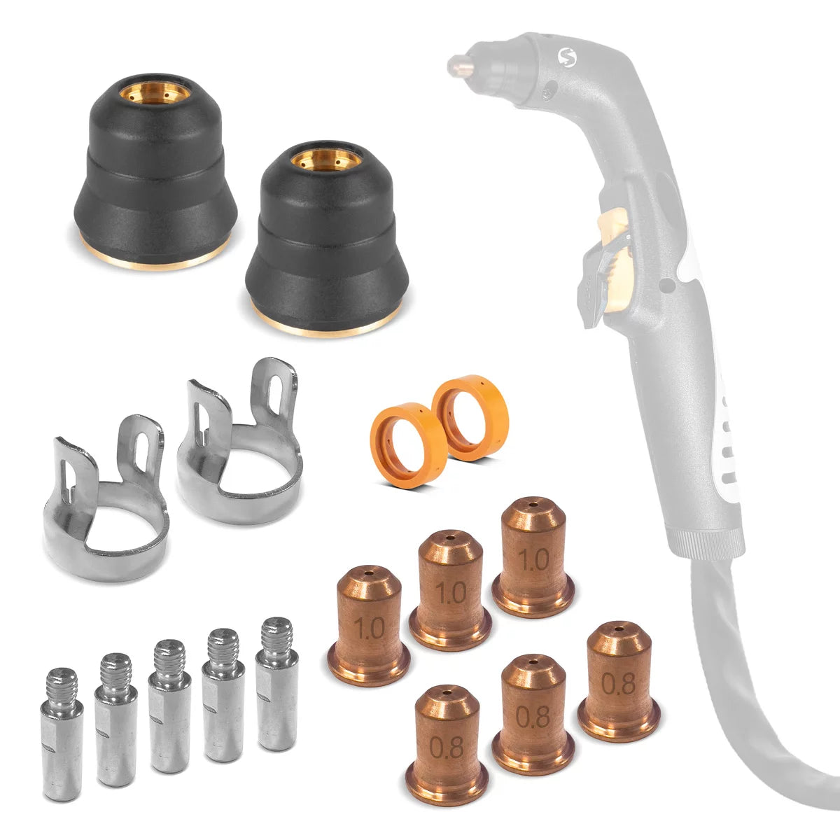 STAHLWERK NS/S65 plasma accessories | Wear parts for plasma cutting torches | 17-piece set with electrodes, cutting nozzles 0.8/1.0 mm, protective caps, power distributor, spacers | Transport box