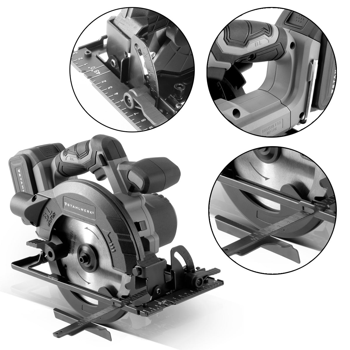 Scie circulaire sans fil STAHLWERK AKS-20 ST, technologie sans balais de 900 watts et 4 500 tr/min pour couper le bois, le PVC, le MDF, le contreplaqué et d'autres matériaux