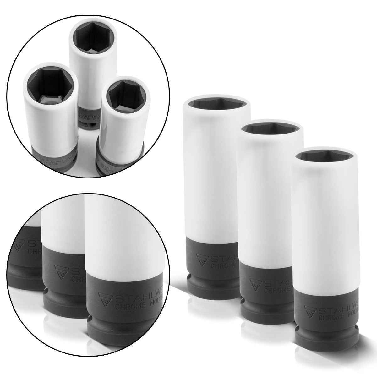 Jeu de clés à douille STAHLWERK 1/2 pouces 3 douilles à chocs de haute qualité 17, 19, 21 mm en acier chromé-molybdène galvanisé