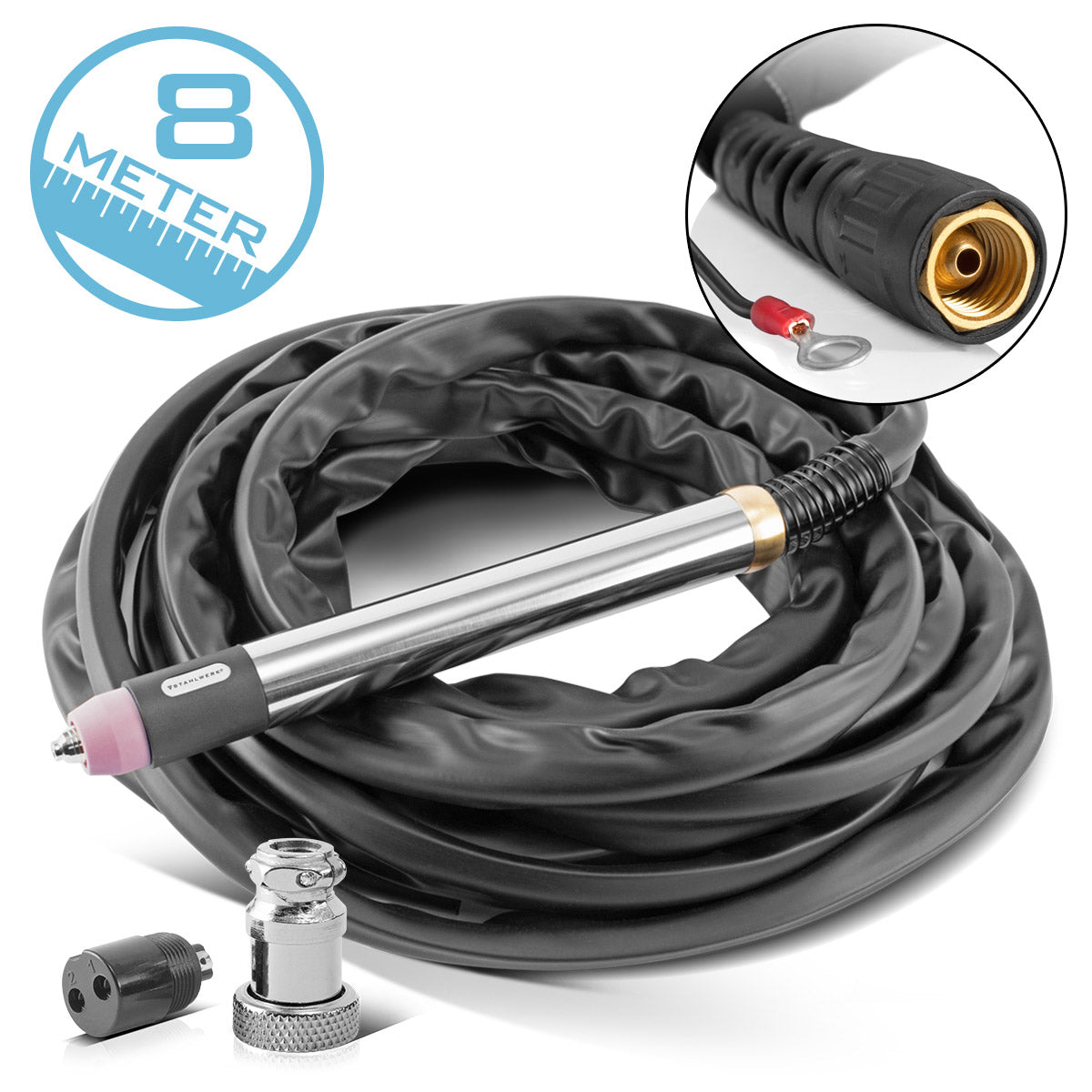 Graveur CNC STAHLWERK P60 | Torche à plasma | Torche coupante avec boîtier en acier inoxydable et tête en laiton de haute qualité pour découpeurs plasma avec allumage pilote, avec paquet de tuyaux de 8 m