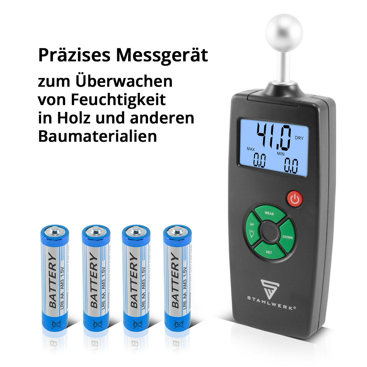 STAHLWERK FM-100 ST professional moisture meter with 40 mm measuring depth and ball head, precise moisture meter / moisture meter for walls, wood, plaster, plaster and cement