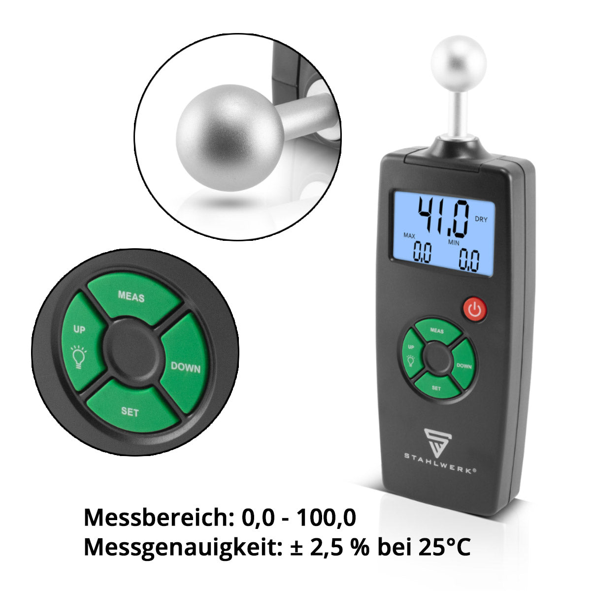 STAHLWERK FM-100 ST professional moisture meter with 40 mm measuring depth and ball head, precise moisture meter / moisture meter for walls, wood, plaster, plaster and cement