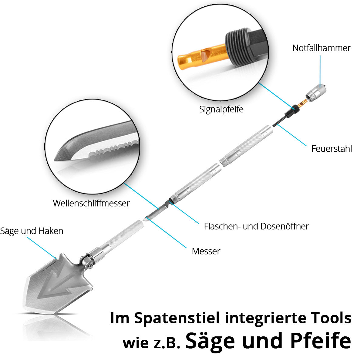 STAHLWERK Multitool / Multifunktionswerkzeug / Outdoor Survival Kit mit Klappspaten, Multifunktions-Messer, Säge, Notfallhammer und Signalpfeife mit Feuerstahl