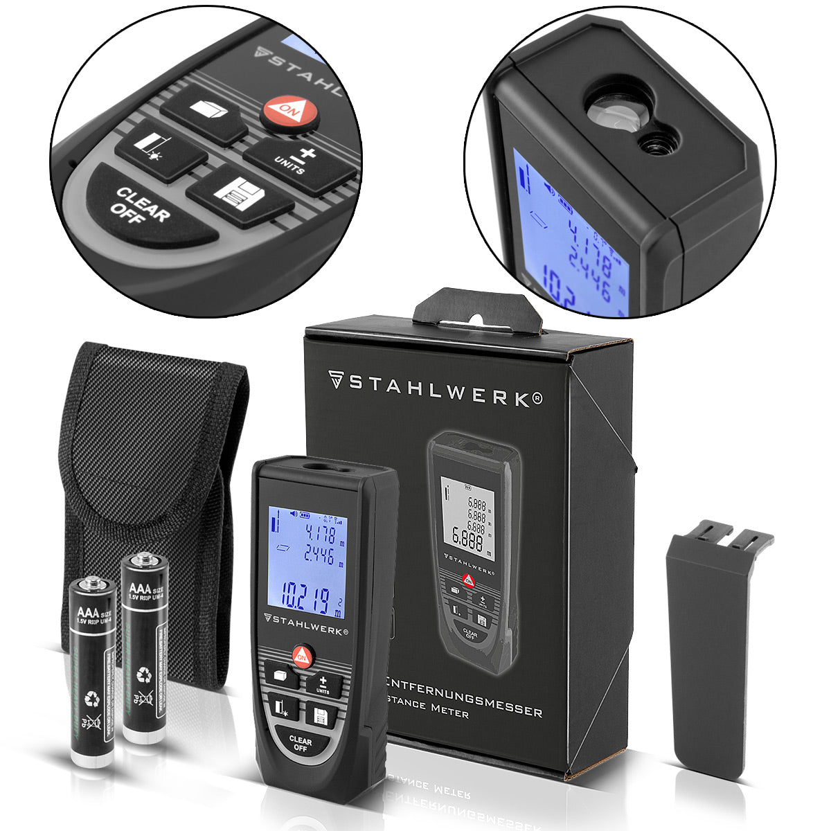 Telémetro láser STAHLWERK LE-40 ST Medidor de distancia de hasta 40 m con pantalla digital LCD iluminada, medidor de distancias y distancias para medir distancias y volúmenes con precisión en obras o en interiores