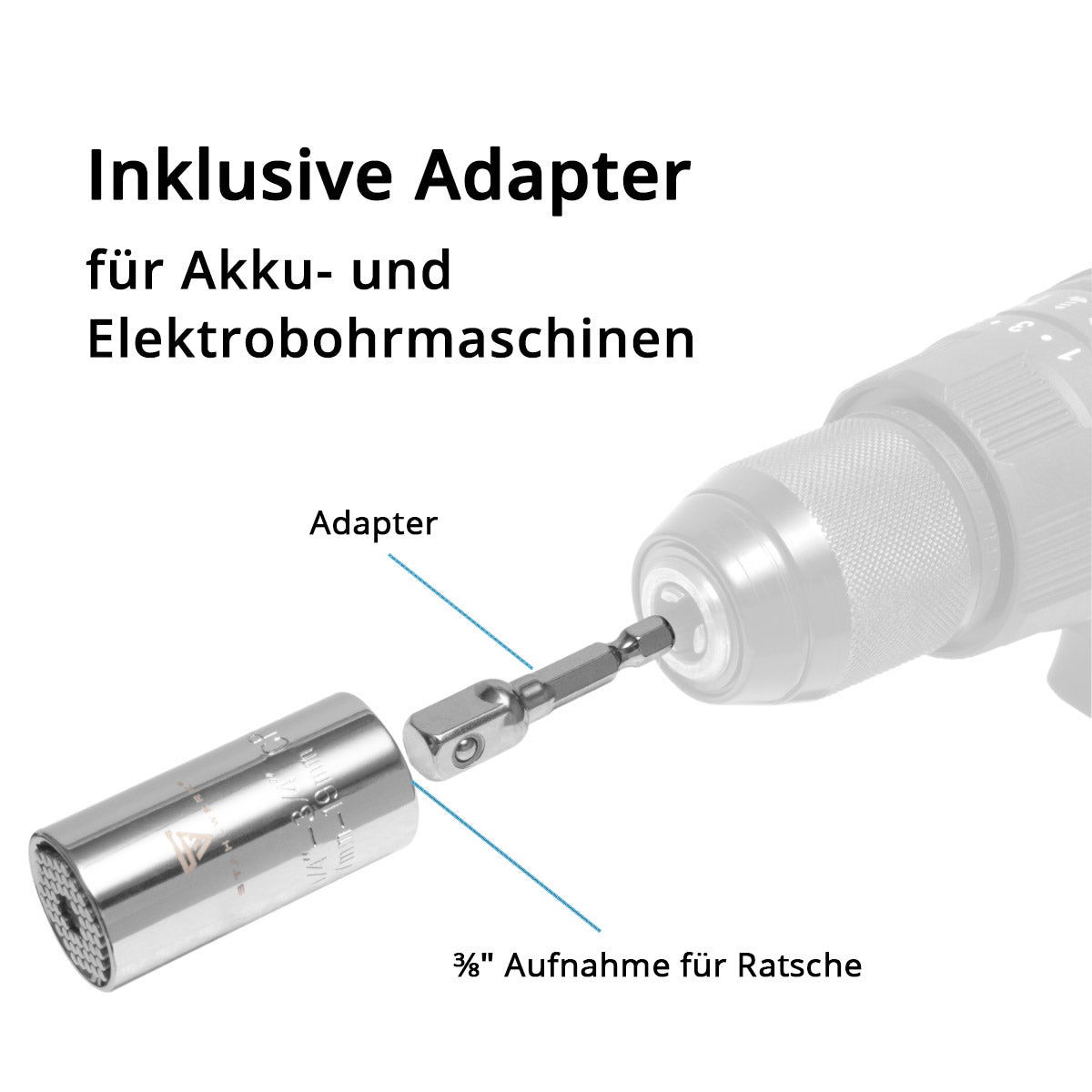 Chiave a bussola universale STAHLWERK Bussola multifunzione da 7-19 mm per cricchetto da 3/8" incluso adattatore per trapano a batteria ed elettrico