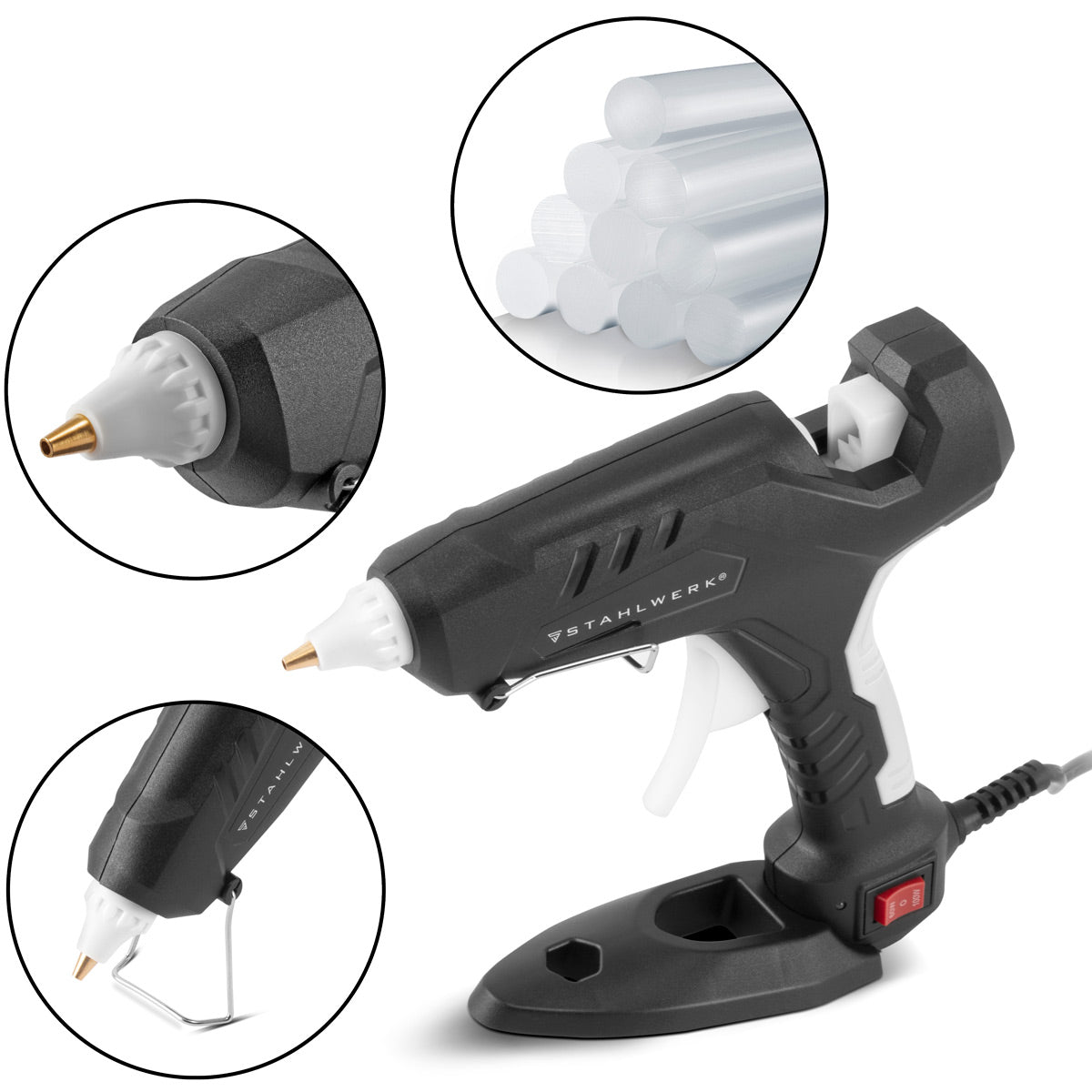 Pistola de pegamento caliente STAHLWERK HKP-100DT ST Pistola de pegamento profesional/pegamento caliente/pistola de pegamento termofusible con válvula antirretorno y 100 vatios para barras de pegamento caliente de 11 mm