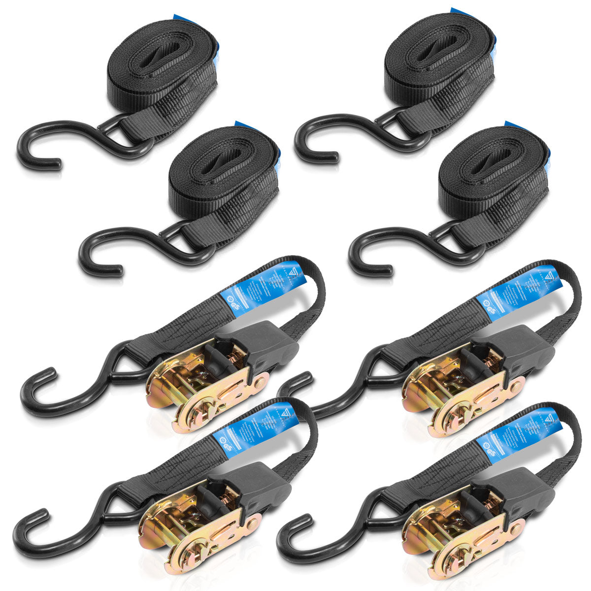 Sangles de tension STAHLWERK avec cliquet + crochet ZG-800 ST 400 kg de charge de traction, lot de 4 / sangle de tension / sangle d'arrimage / sangle à cliquet d'une longueur de 4,57 m et d'une charge de rupture de 680 kg
