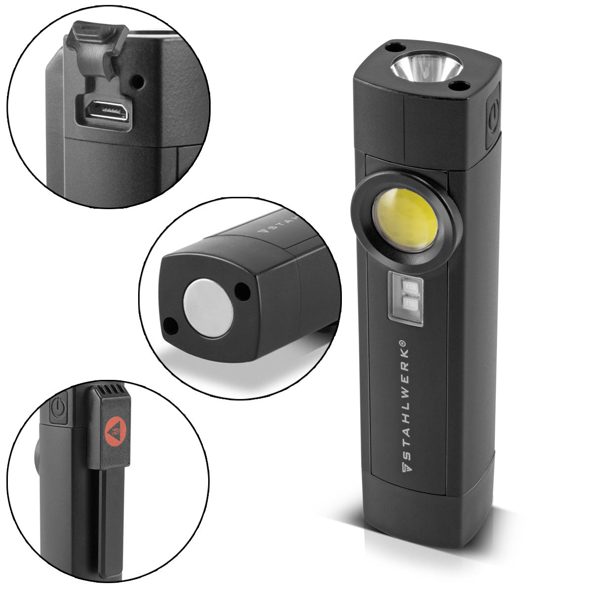STAHLWERK LED work light AL-3 ST Powerful 5 watt flashlight / workshop lamp with 4 light modes including UV light, integrated battery, magnet and USB port