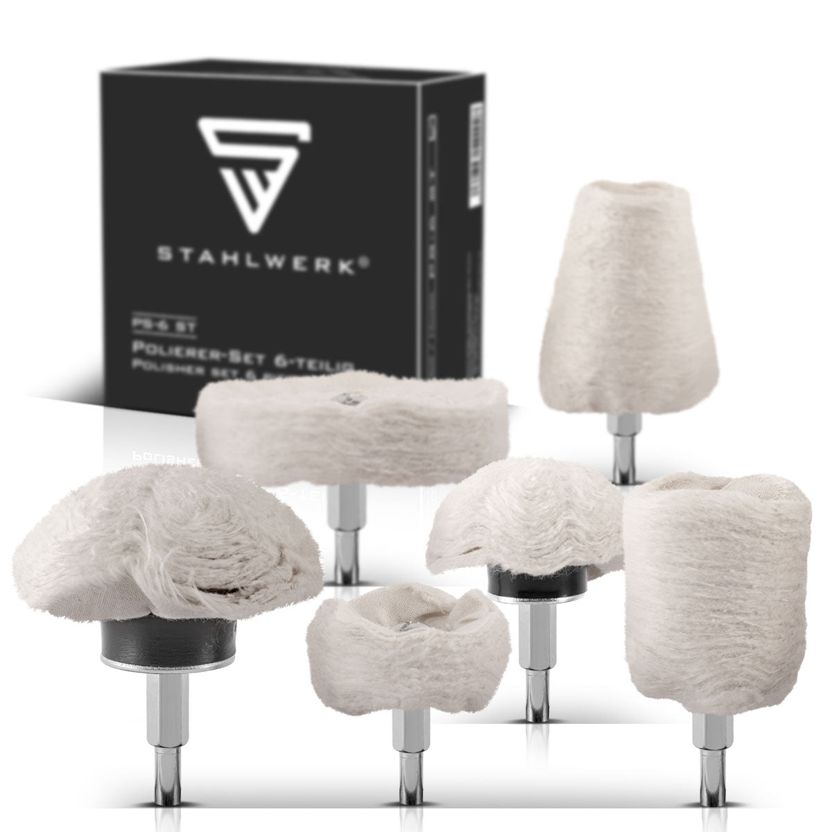 STAHLWERK 6er Set Universal-Polierköpfe PS-6 ST für Akku- und Elektrobohrer aus hochwertigem Flanell für Polierarbeiten an Metall, Stein, Holz, Glas und Kunststoff