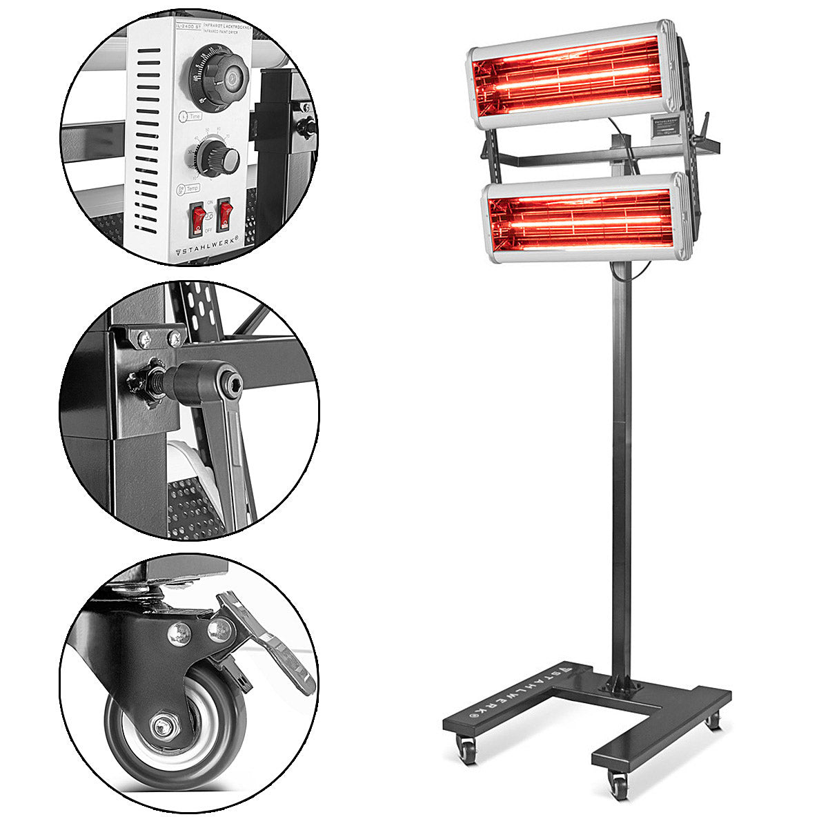 STAHLWERK Infrarot Lacktrockner IL-2400 ST mit 2.400 Watt und Stativ, leistungsstarker Infrarottrockner / IR Strahler / IR Trockner zum professionellen Trocknen von Autolack, Grundierungen uvm.