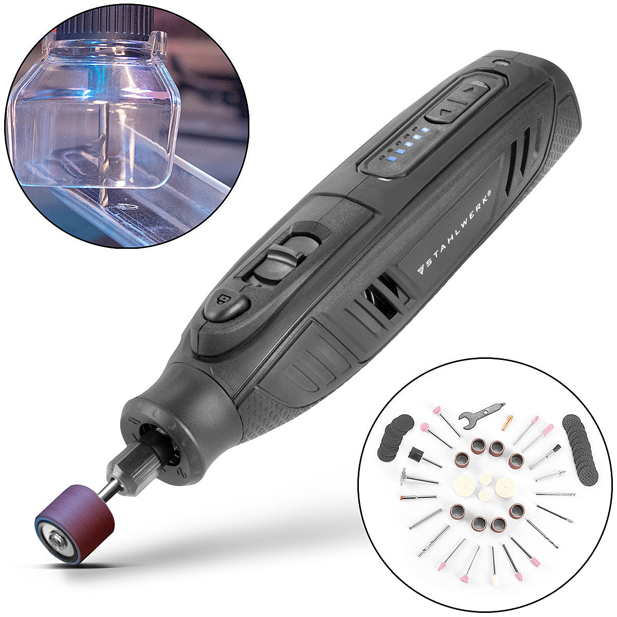 STAHLWERK Akku Mehrzweckschleifer AMF-80 ST 5.000-25.000 U/min 2.000 mAh Multifunktionswerkzeug / Drehwerkzeug / Schleifgerät / Minischleifer mit 53-teiligem Zubehör und USB-Ladekabel