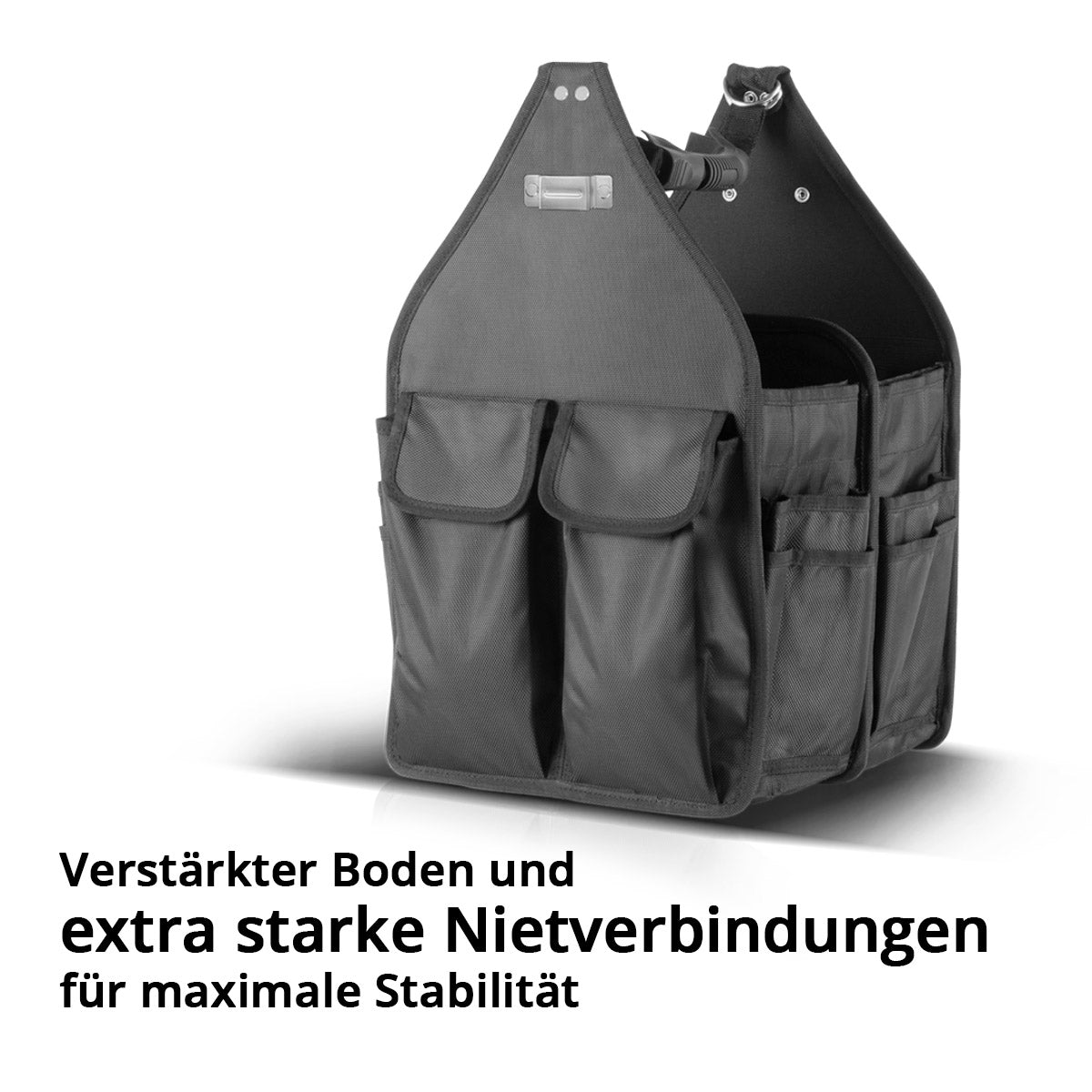 STAHLWERK Werkzeugtasche mit 11 Außentaschen und 2 großen Innenfächern mit jeweils 5 Innentaschen, robuste Montagetasche / Werkzeugkoffer / Werkzeugbeutel mit Tragegriff und Schultergurt aus strapazierfähigem Polyester-Gewebe