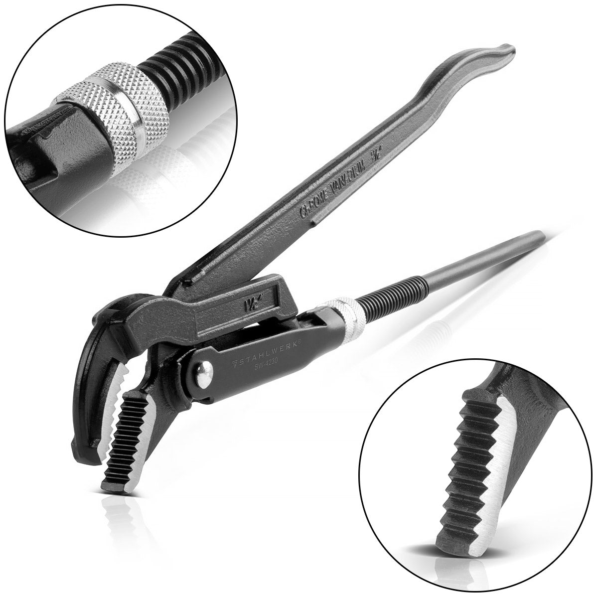 Clé à tube STAHLWERK 1,5" pouce (38 mm) S/45° chrome vanadium 420 mm, revêtement en poudre, pince multiprise 4 en 1 avec largeur de serrage de 60 mm, mâchoires trempées, course courbée et dents décalées