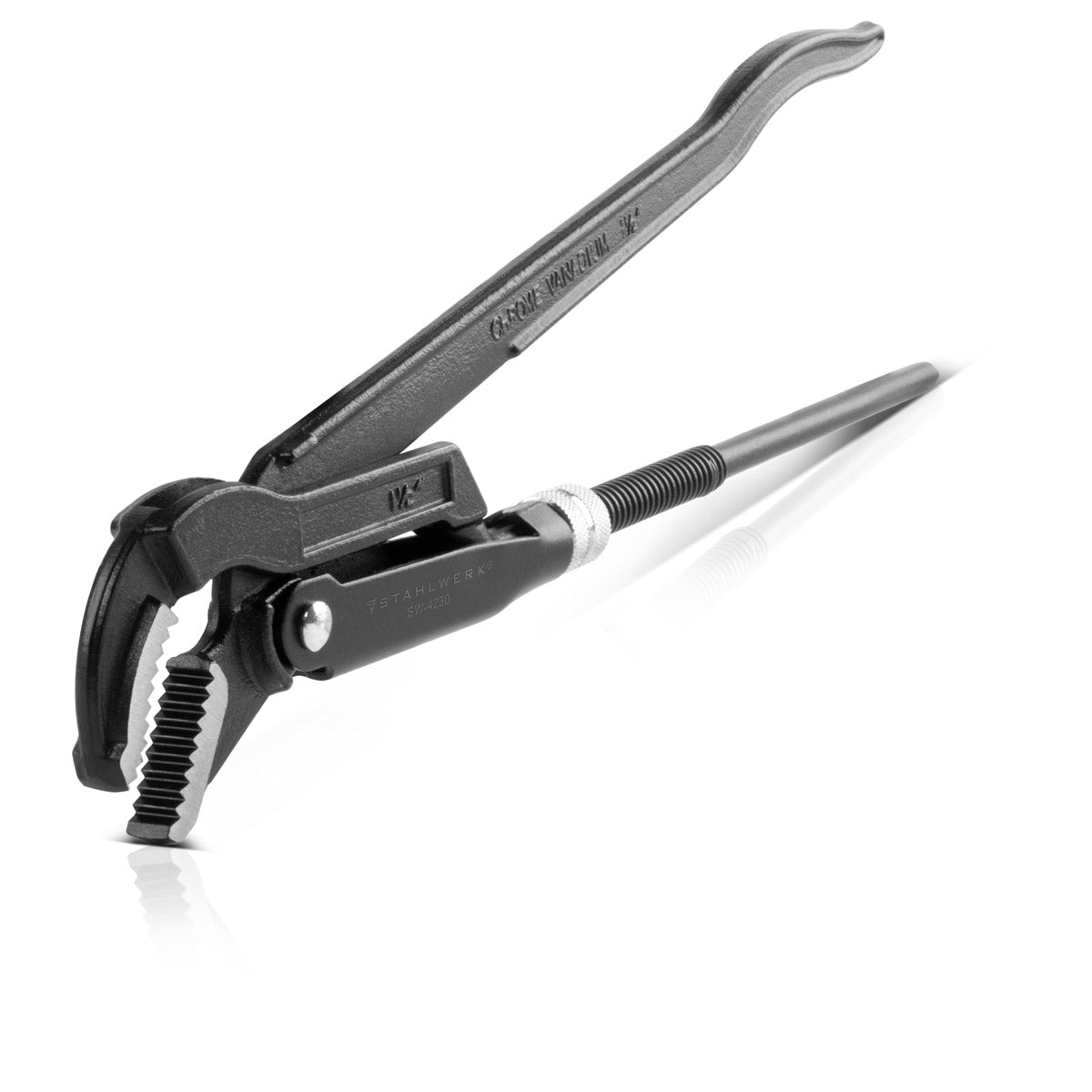 Clé à tube STAHLWERK 1,5" pouce (38 mm) S/45° chrome vanadium 420 mm, revêtement en poudre, pince multiprise 4 en 1 avec largeur de serrage de 60 mm, mâchoires trempées, course courbée et dents décalées