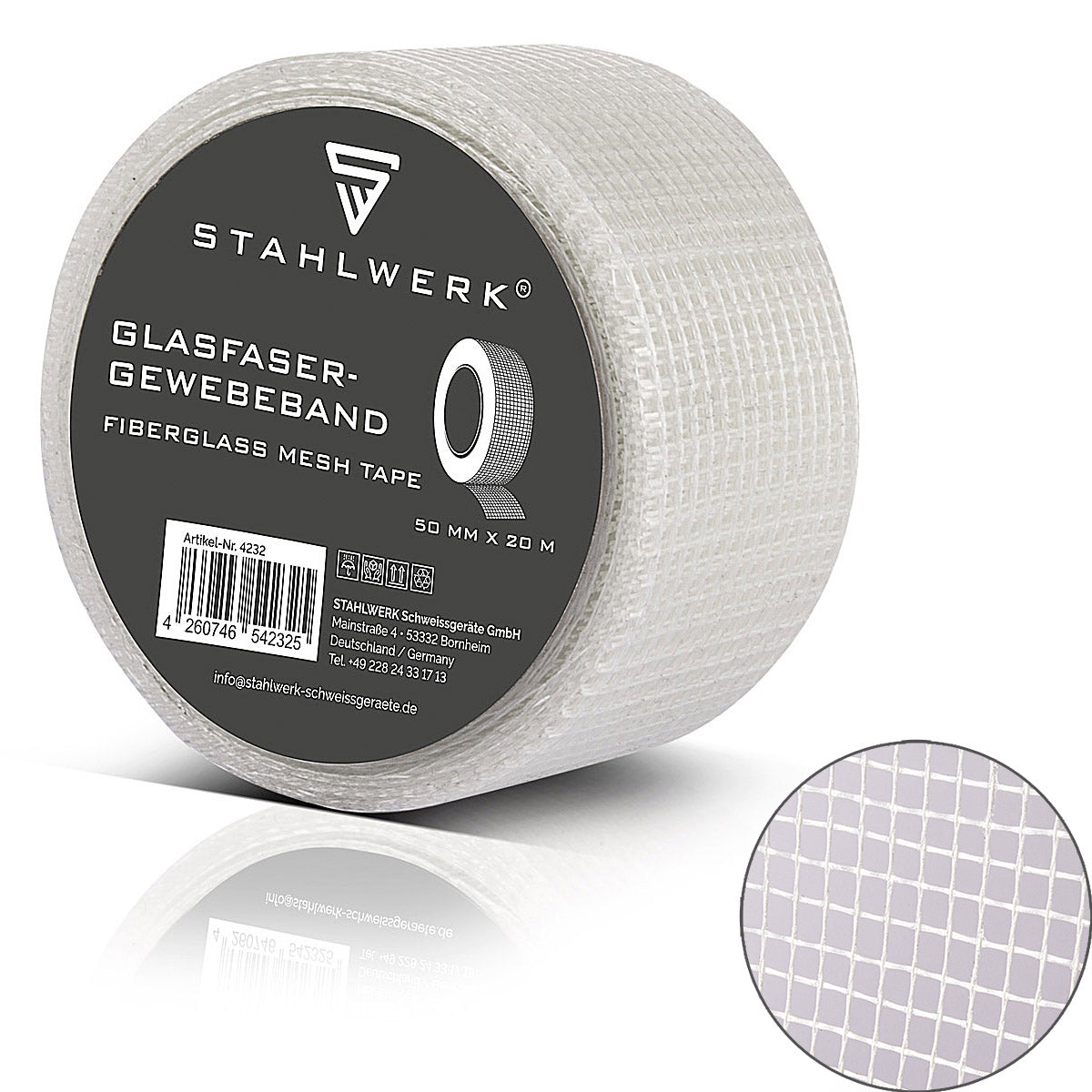 STAHLWERK Ruban en tissu de fibre de verre 20 m x 50 mm, ruban adhésif pour cloisons sèches, ruban à joints, bandes de renfort avec structure grillagée pour travaux de remplissage.