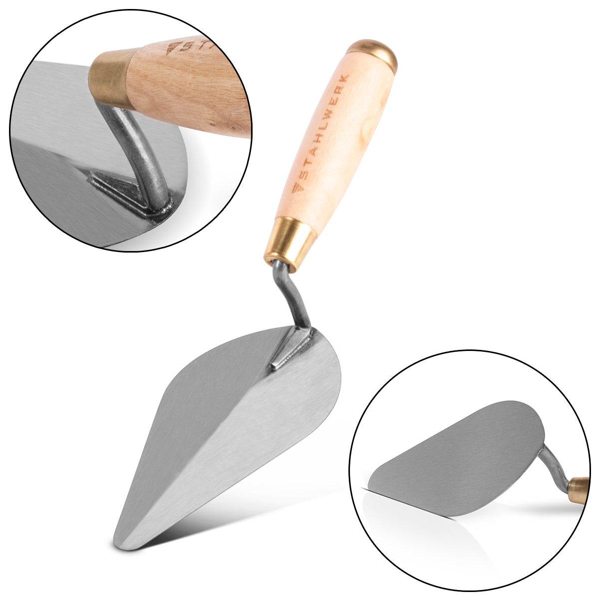 STAHLWERK Truelle pointue 150 mm, truelle de maçonnerie en acier au carbone de haute qualité, truelle à plâtre, truelle triangulaire avec manche ergonomique en bois naturel