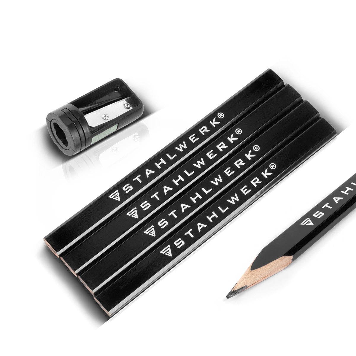 STAHLWERK carpenter's pencil set 5 pieces 180 mm (7") 4 oval, medium-hard (HB) construction pencils including sharpener with sanding strips for construction, crafts and DIY