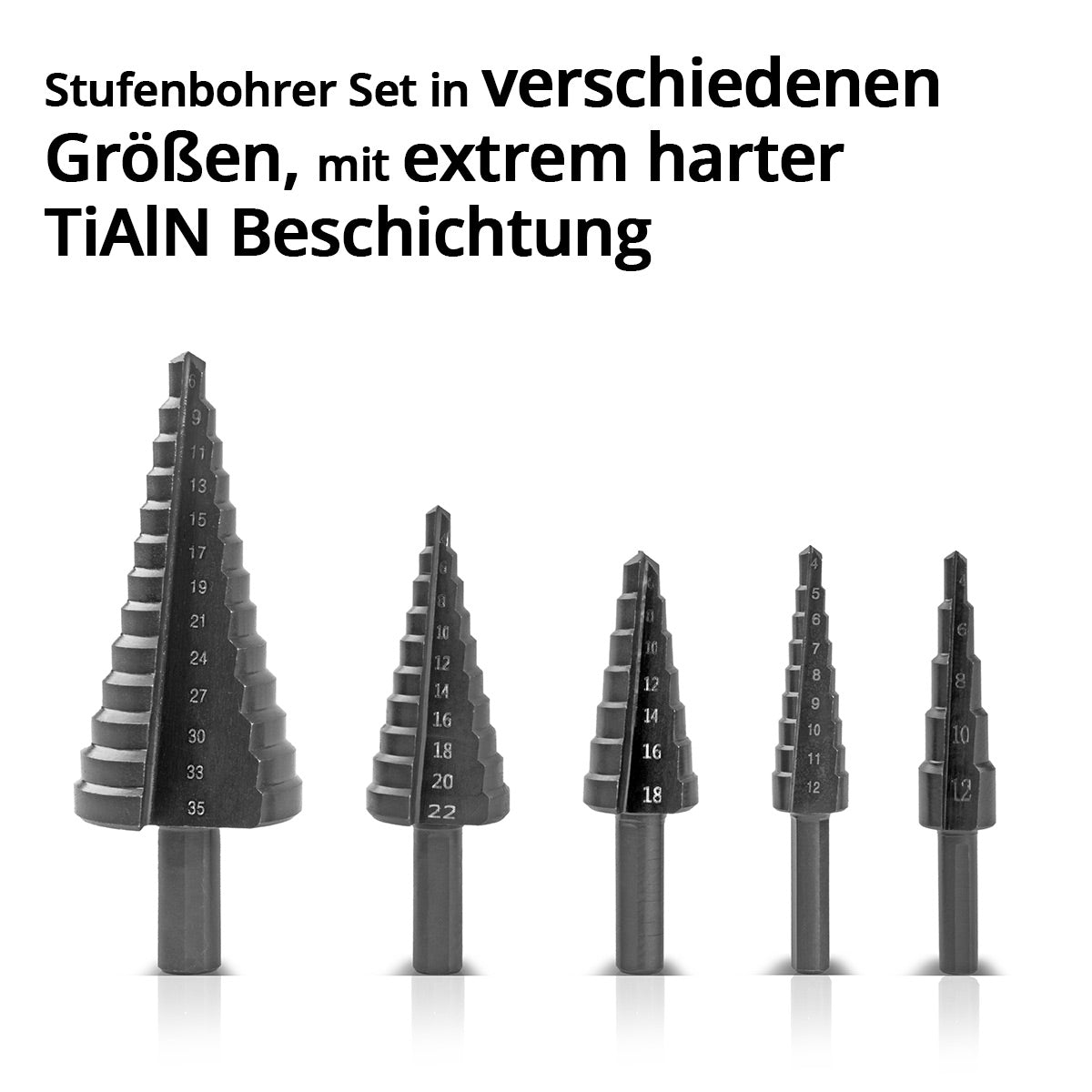 STAHLWERK HSS step drill / cone drill set 5 pieces with TiAlN coating, countersunk drill / metal drill for precise drilling of alloyed and non-alloyed steels including plastic storage box