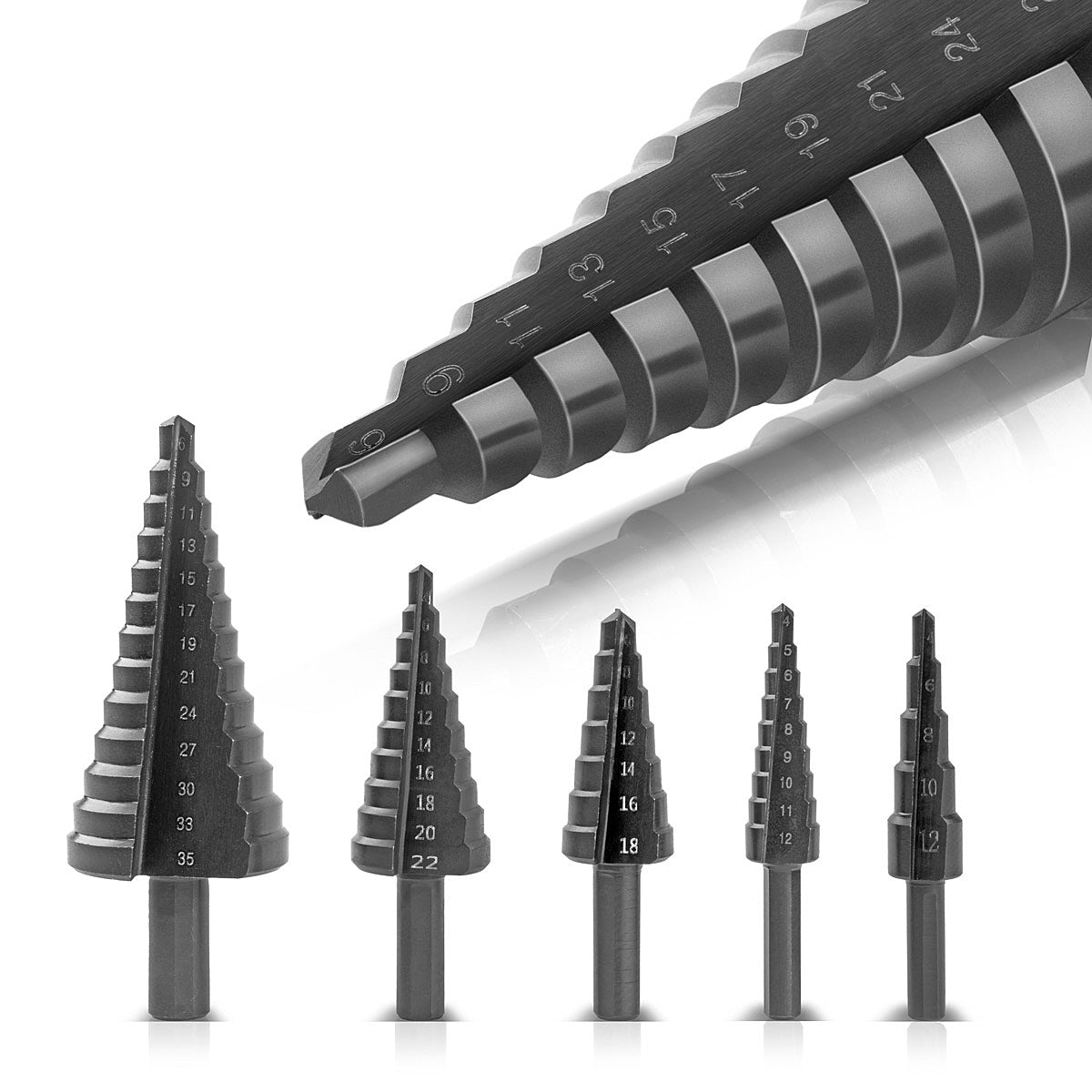 STAHLWERK HSS step drill / cone drill set 5 pieces with TiAlN coating, countersunk drill / metal drill for precise drilling of alloyed and non-alloyed steels including plastic storage box