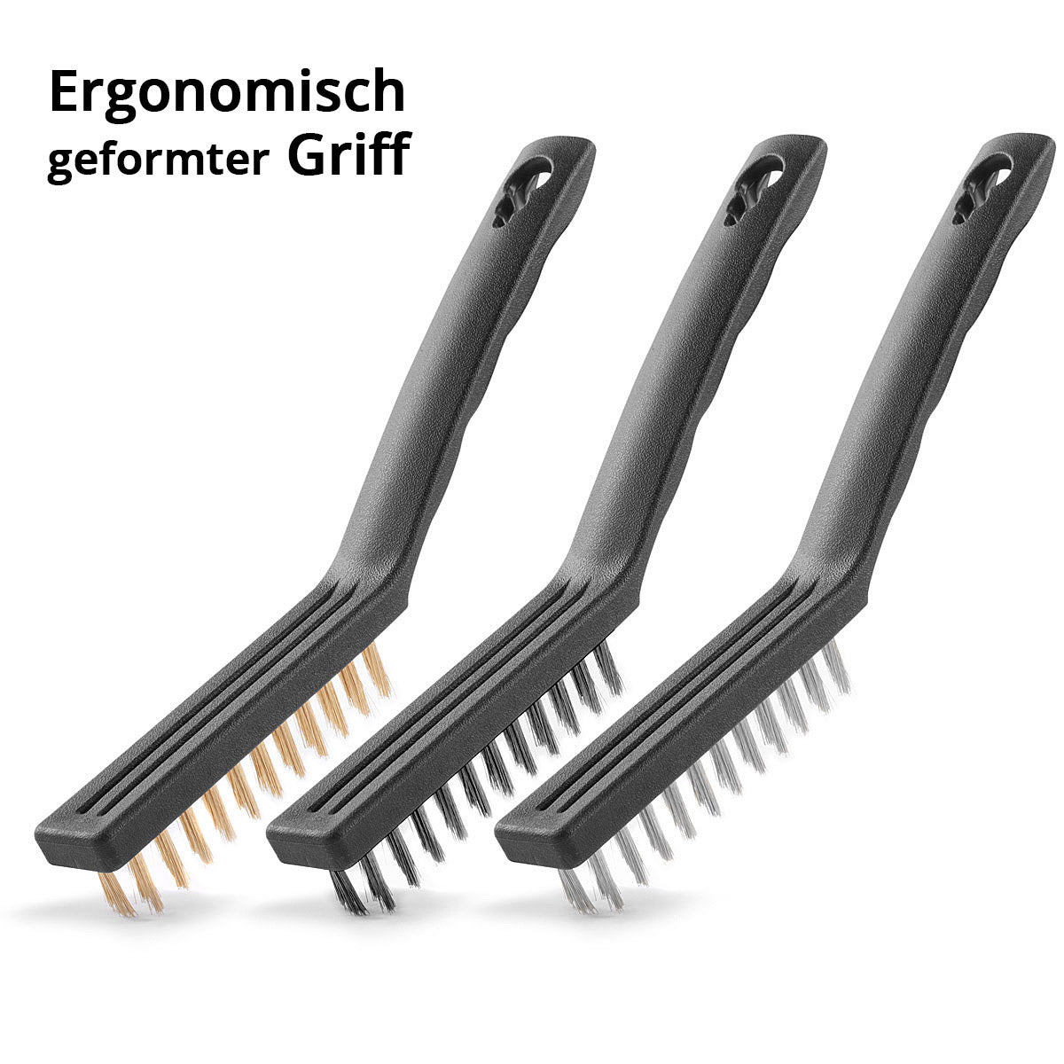 STAHLWERK Drahtbürsten Set 220 mm (9 Zoll) 3-teiliger Bürstensatz aus Messingbürste, Stahlbürste und Nylonbürste zum effektiven Reinigen von Oberflächen