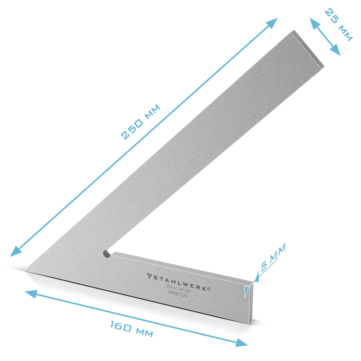 Squadra piatta a punta STAHLWERK 45° 250 x 160 mm DIN 875/2 squadra di controllo / squadra di montaggio / squadra di arresto / squadra acuta / squadra di precisione in acciaio inossidabile e tracciatore 145 mm