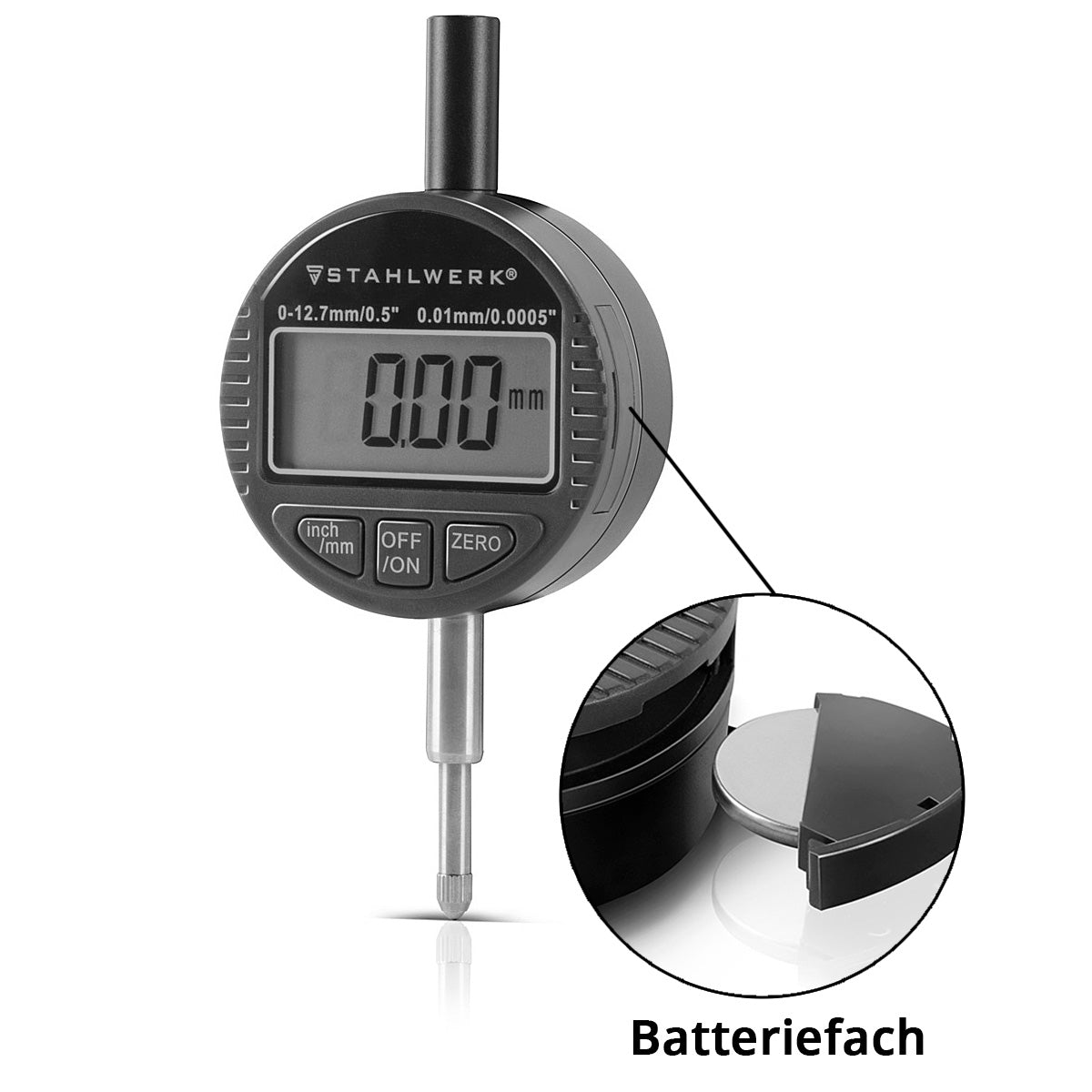 Comparateur numérique STAHLWERK avec plage de mesure 0-12,7 mm (0,5"), sonde de mesure pour des mesures précises en millimètres et en pouces
