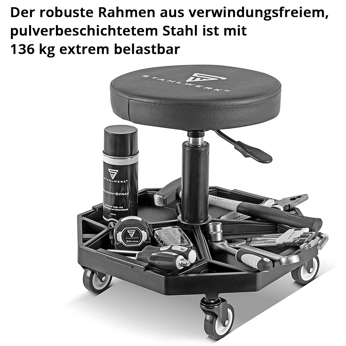 STAHLWERK Höhenverstellbarer Werkstatthocker WRH-136 ST bis 136 kg belastbar, 40-54 cm Sitzhöhe, mit vier herausnehmbaren Ablagefächern, Rollsitz / Rollhocker mit kugelgelagerten Leichtlauf-Lenkrollen