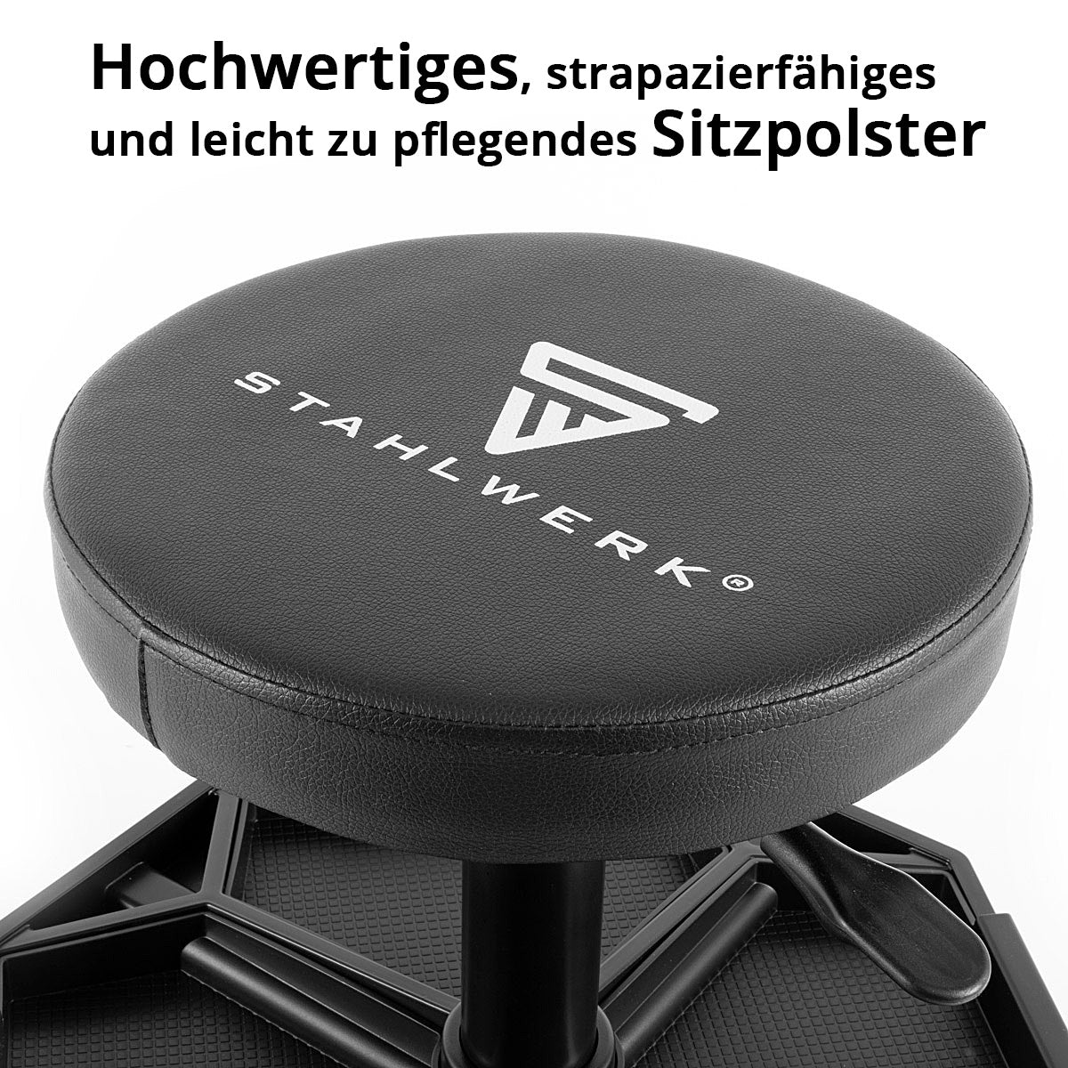 STAHLWERK Höhenverstellbarer Werkstatthocker WRH-136 ST bis 136 kg belastbar, 40-54 cm Sitzhöhe, mit vier herausnehmbaren Ablagefächern, Rollsitz / Rollhocker mit kugelgelagerten Leichtlauf-Lenkrollen