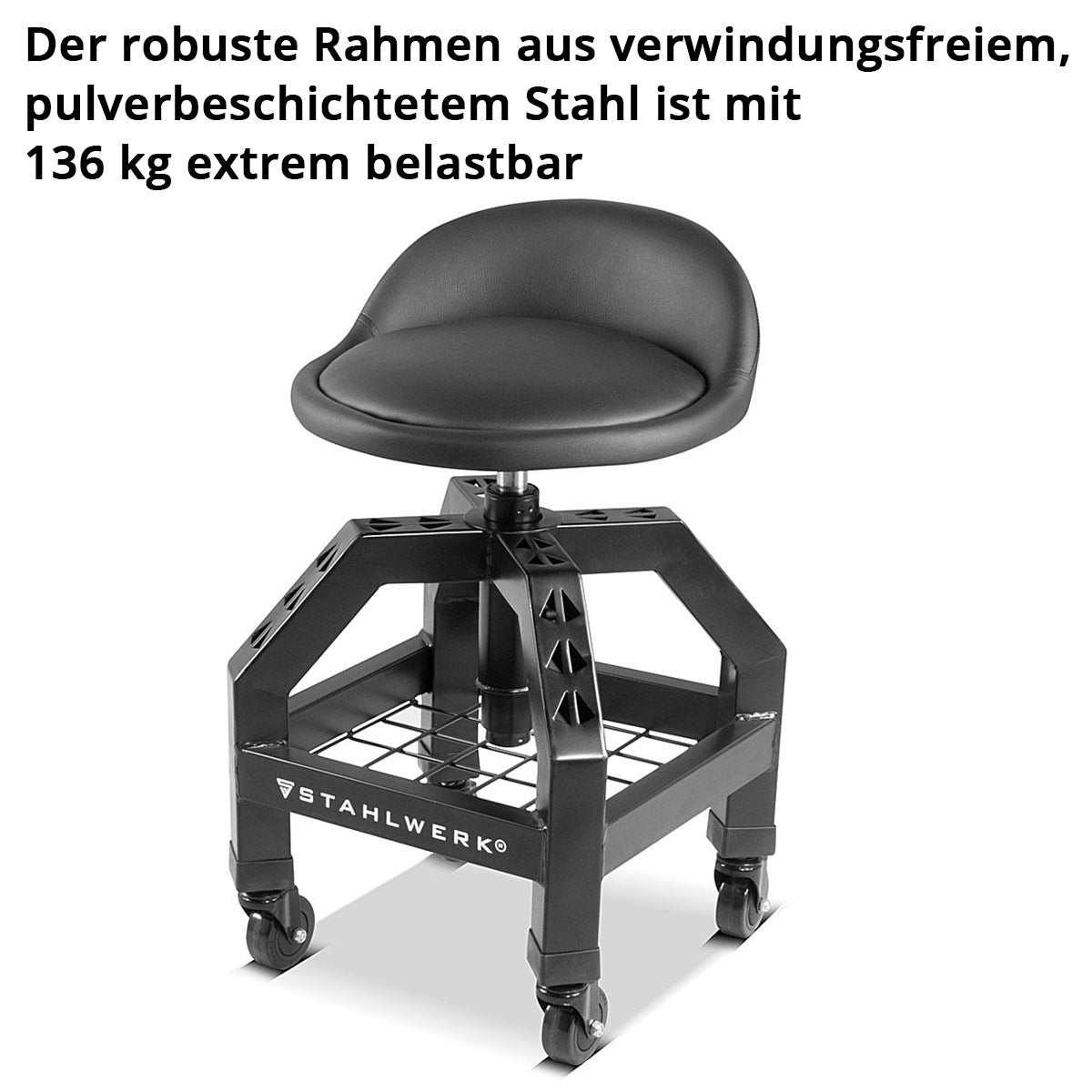 STAHLWERK Höhenverstellbarer Werkstatthocker VWH-300 ST mit großem Ablagefach, bis 136 kg belastbar, 59-76 cm Sitzhöhe, Rollsitz / Rollhocker mit kugelgelagerten Leichtlauf-Lenkrollen